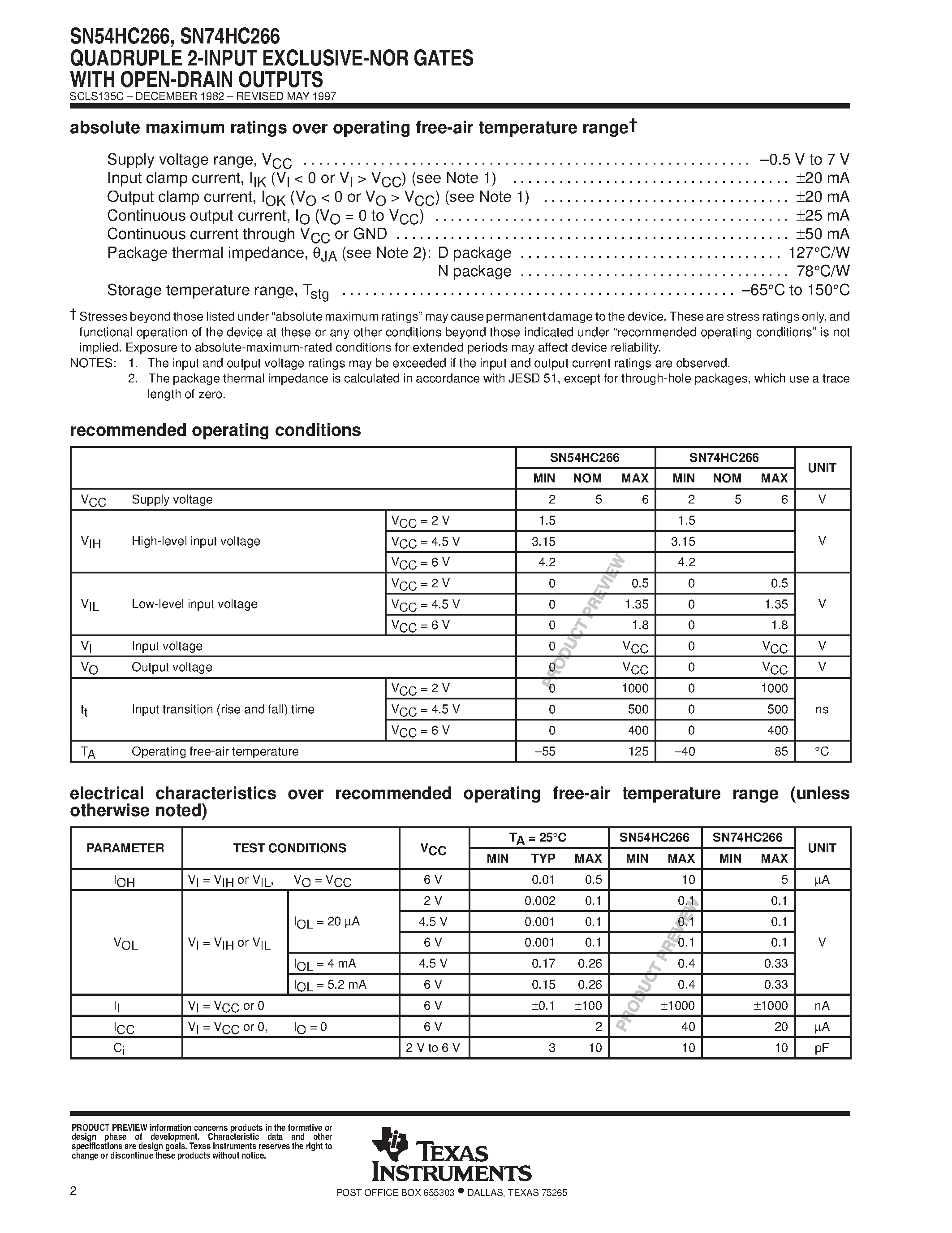 Даташит SN74HC266 - QUADRUPLE 2-INPUT EXCLUSIVE-NOR GATES WITH OPEN-DRAIN OUTPUTS страница 2