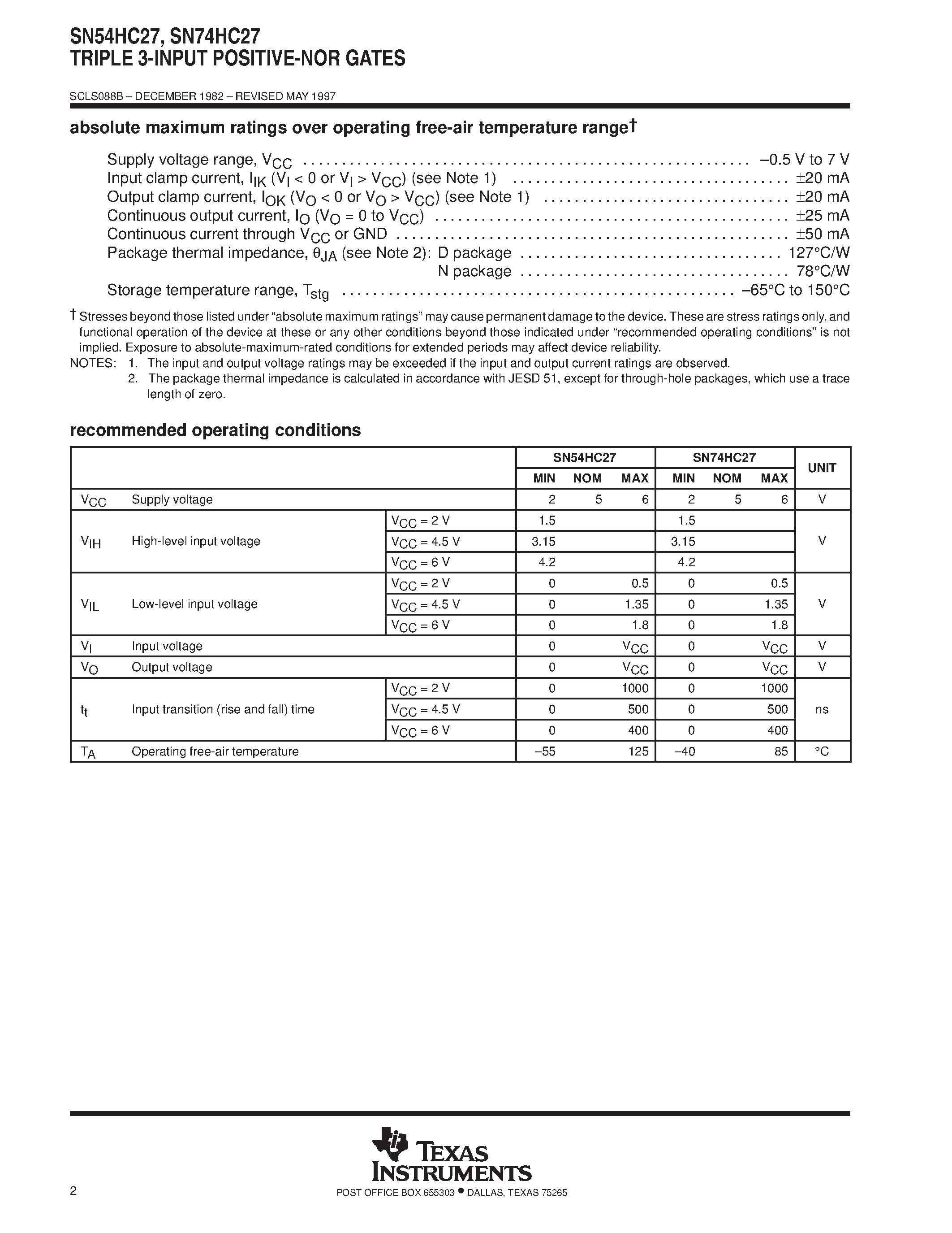 Даташит SN74HC27 - TRIPLE 3-INPUT POSITIVE-NOR GATES страница 2