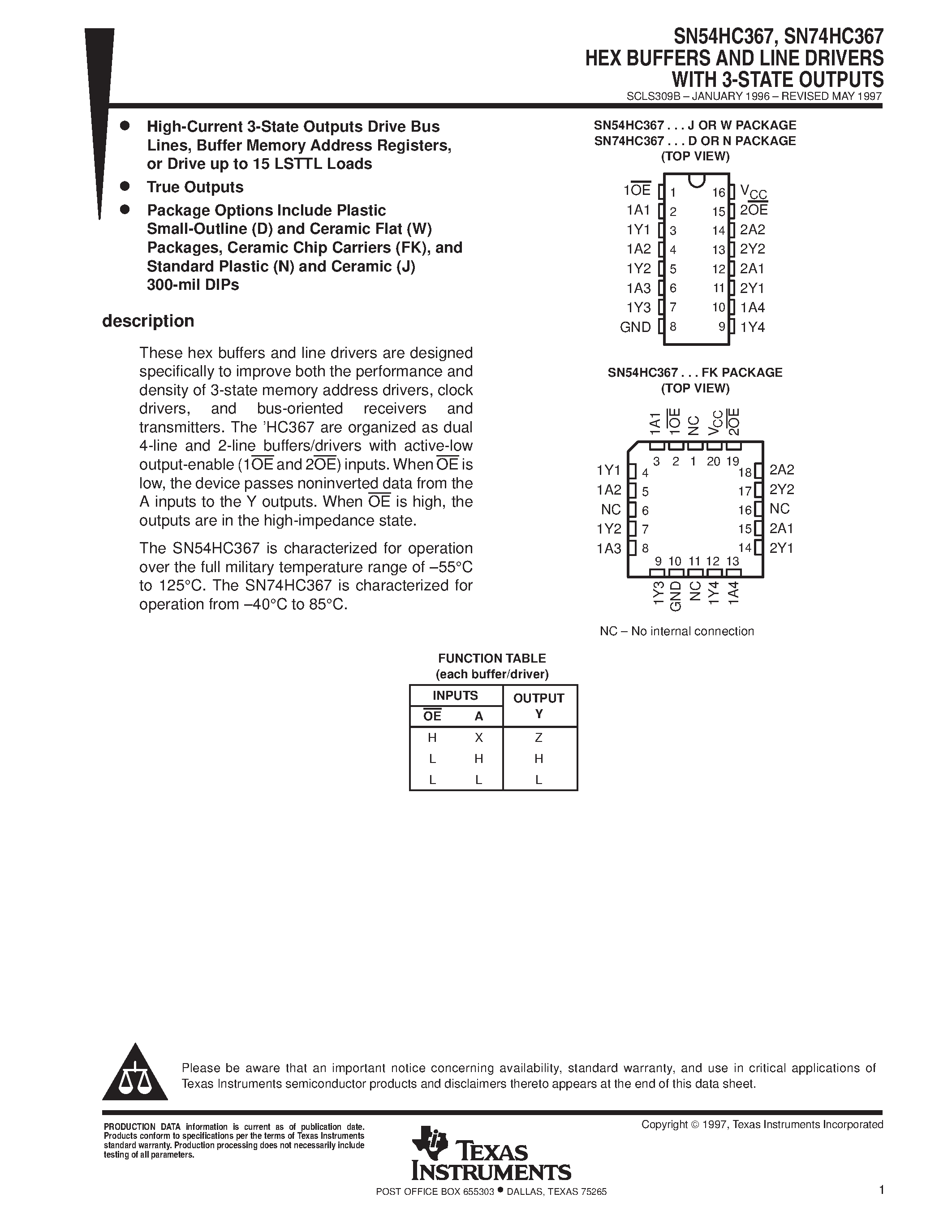 Даташит SN74HC367 - HEX BUFFERS AND LINE DRIVERS WITH 3-STATE OUTPUTS страница 1