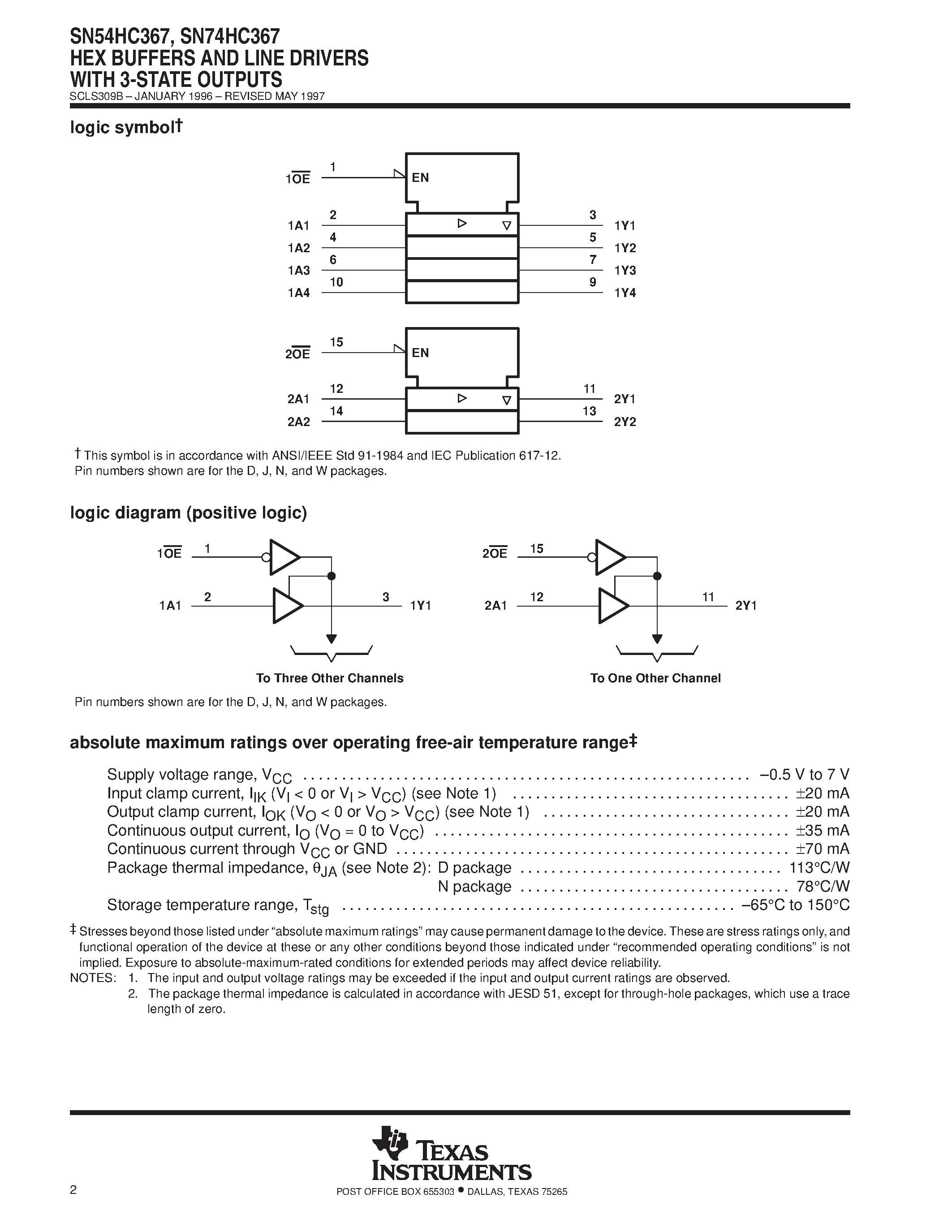 Даташит SN74HC367 - HEX BUFFERS AND LINE DRIVERS WITH 3-STATE OUTPUTS страница 2