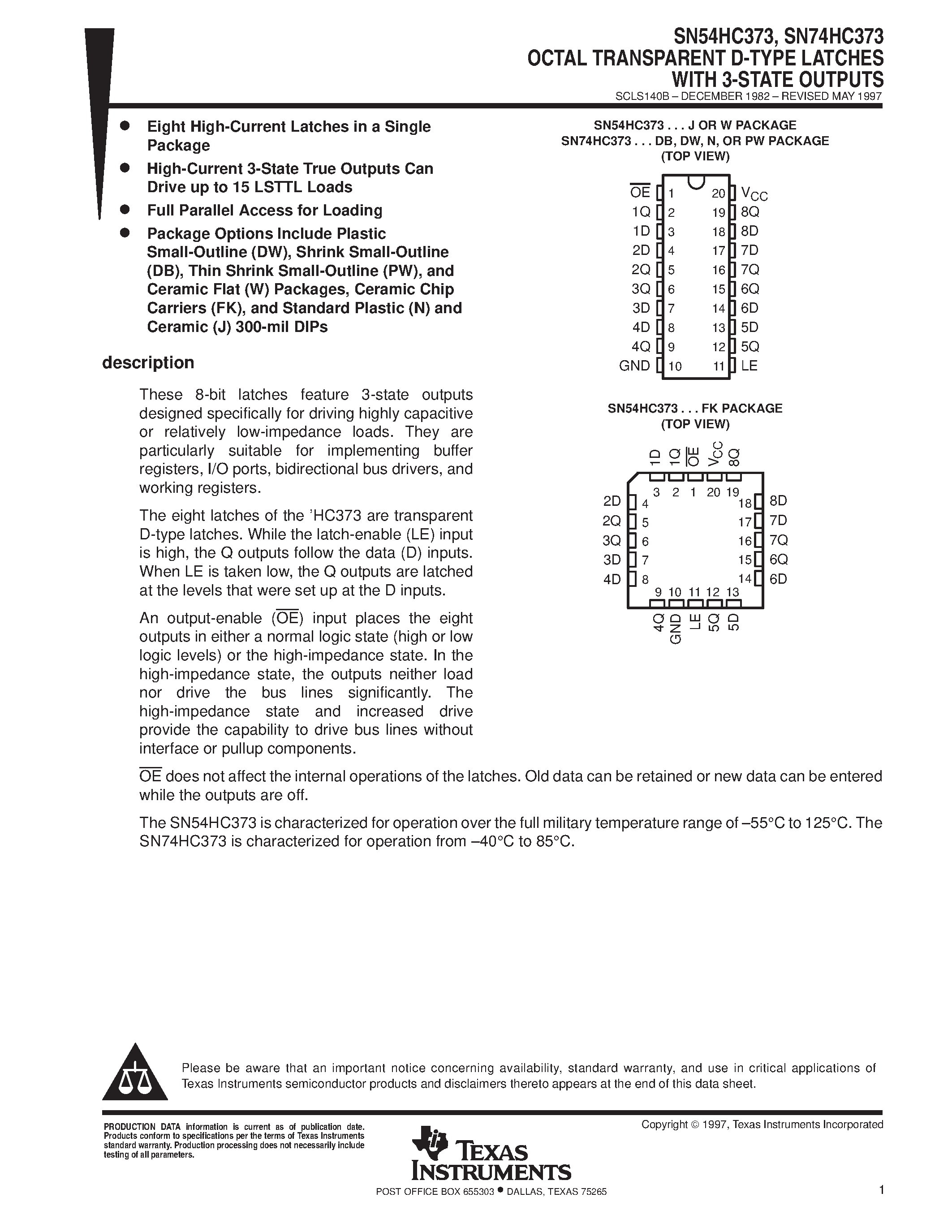 Даташит SN74HC373 - OCTAL TRANSPARENT D-TYPE LATCHES WITH 3-STATE OUTPUTS страница 1