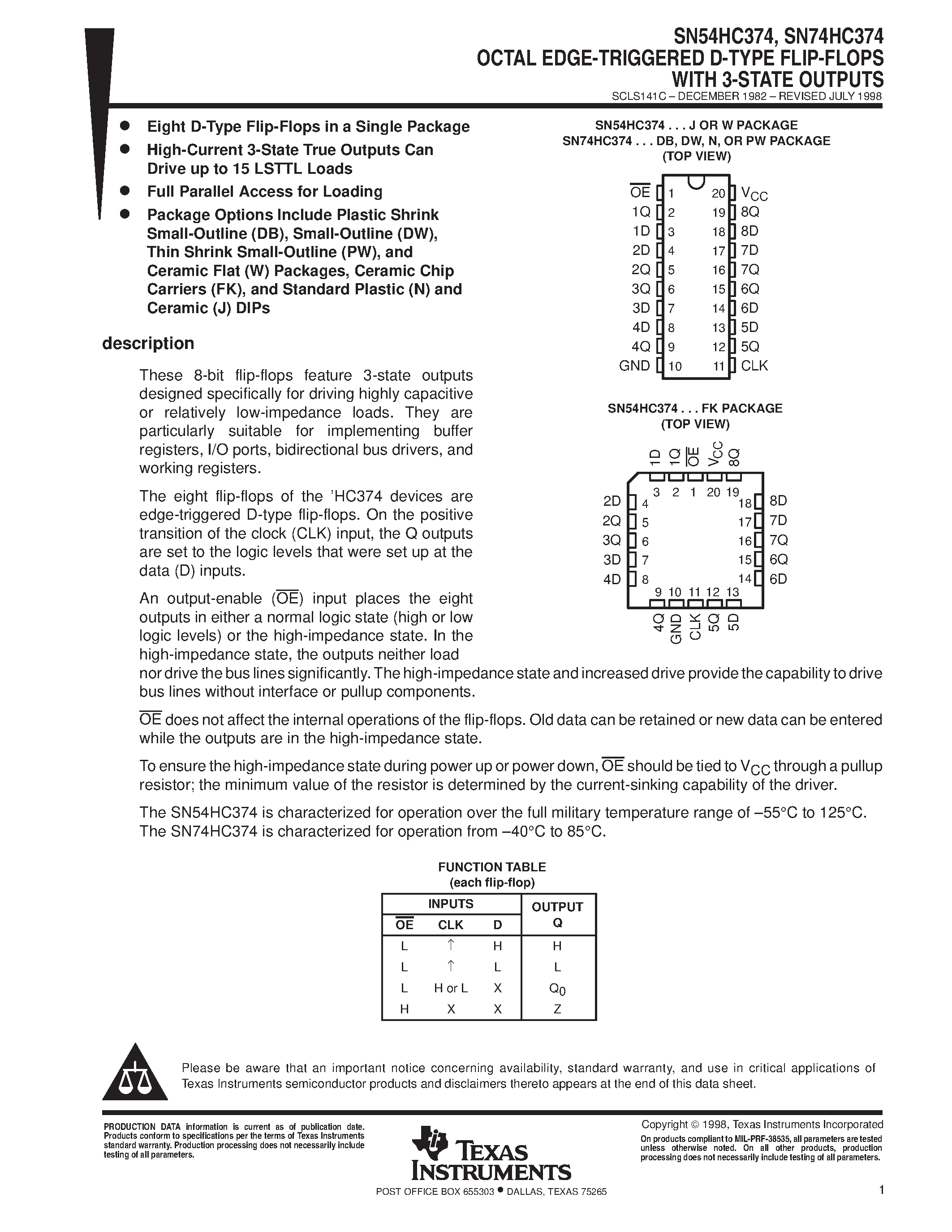 Даташит SN74HC374 - OCTAL EDGE-TRIGGERED D-TYPE FLIP-FLOPS WITH 3-STATE OUTPUTS страница 1