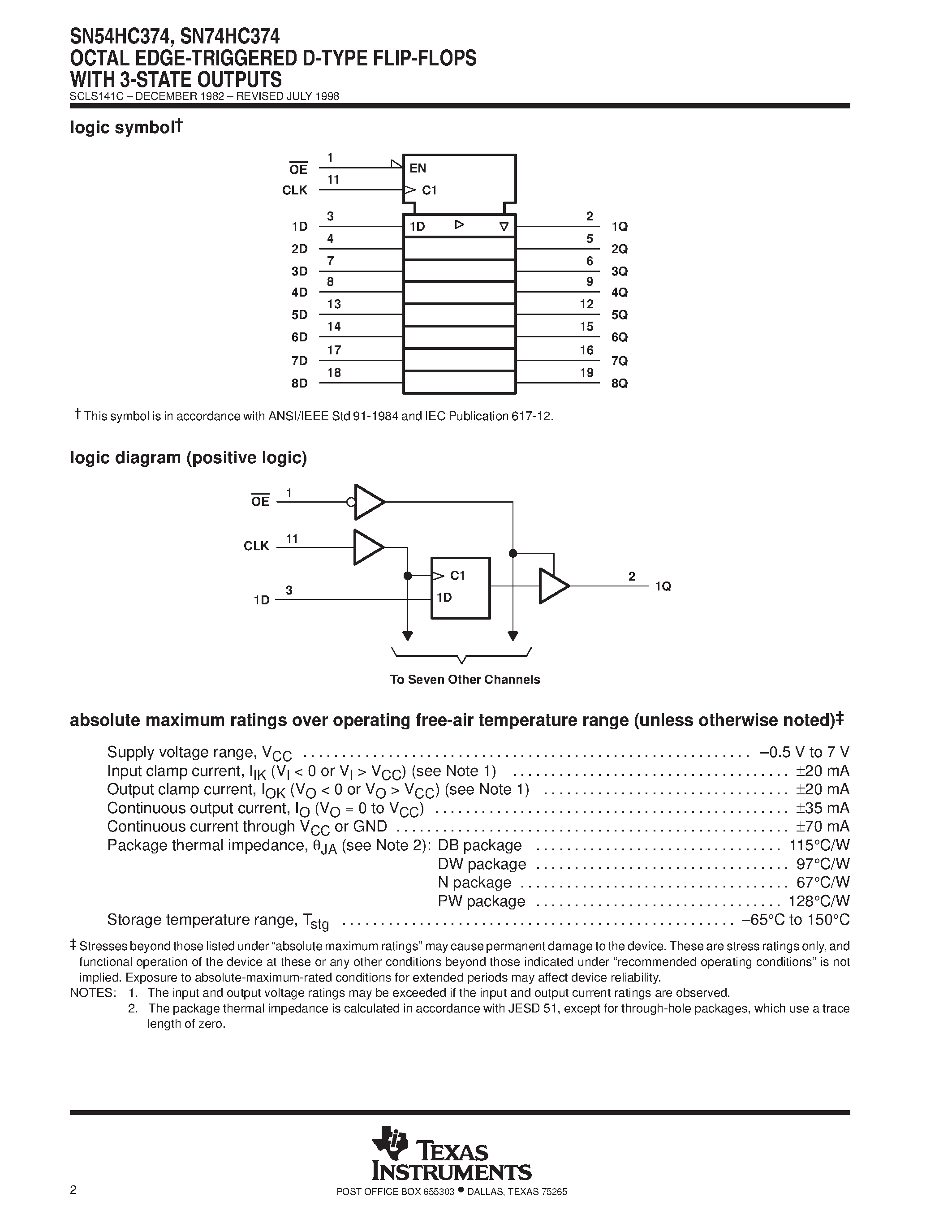 Даташит SN74HC374 - OCTAL EDGE-TRIGGERED D-TYPE FLIP-FLOPS WITH 3-STATE OUTPUTS страница 2