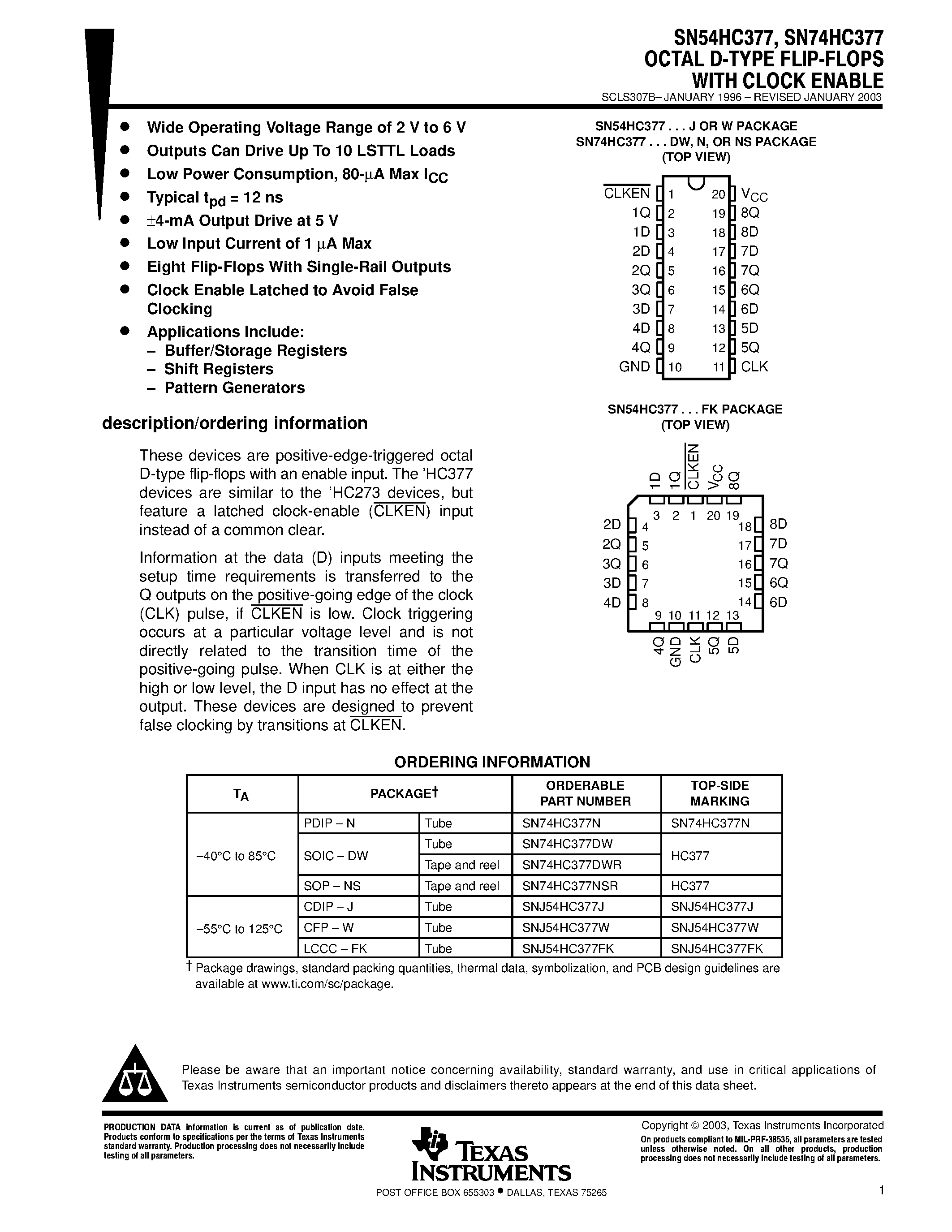 Даташит SN74HC377 - OCTAL D-TYPE FLIP-FLOPS WITH CLOCK ENABLE страница 1