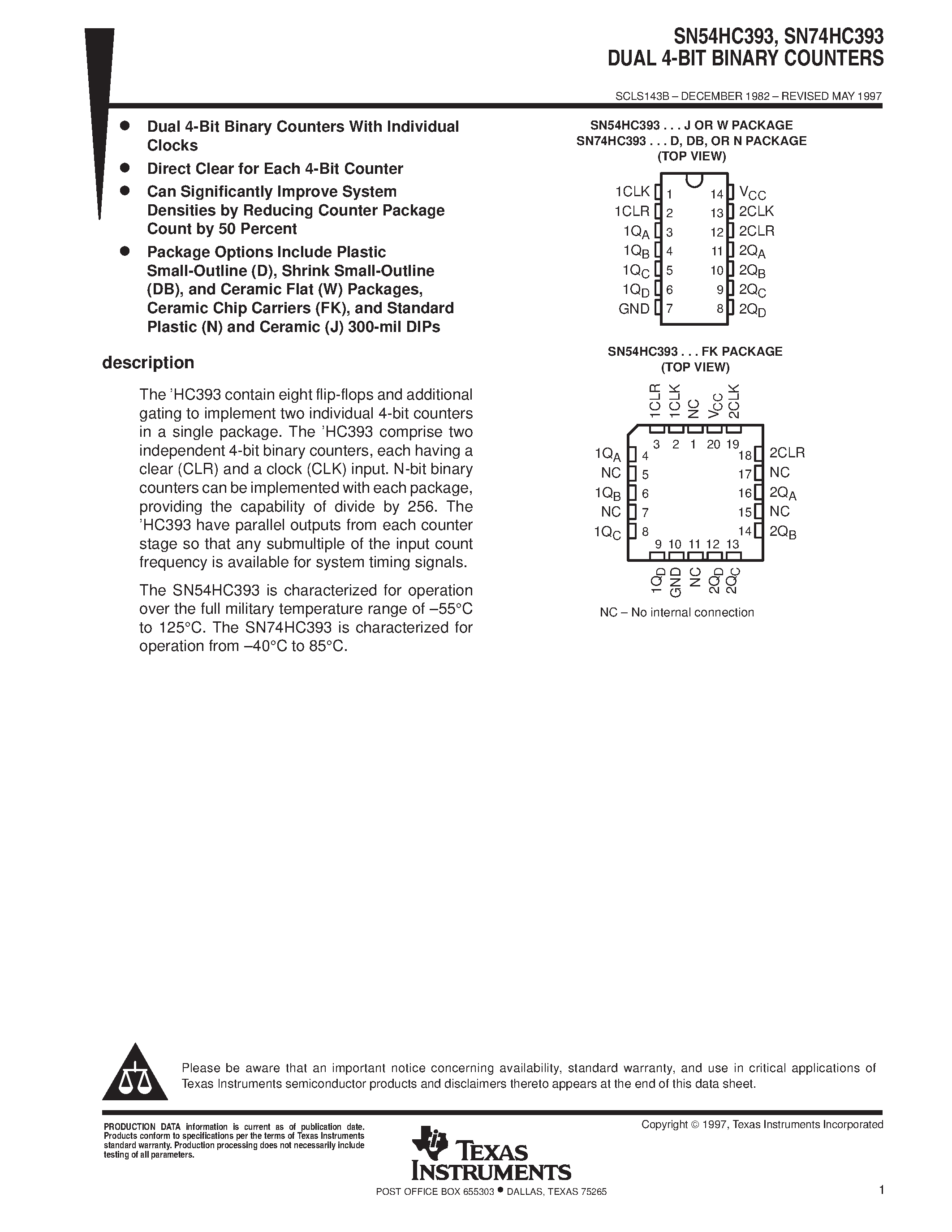 Даташит SN74HC393 - DUAL 4-BIT BINARY COUNTERS страница 1