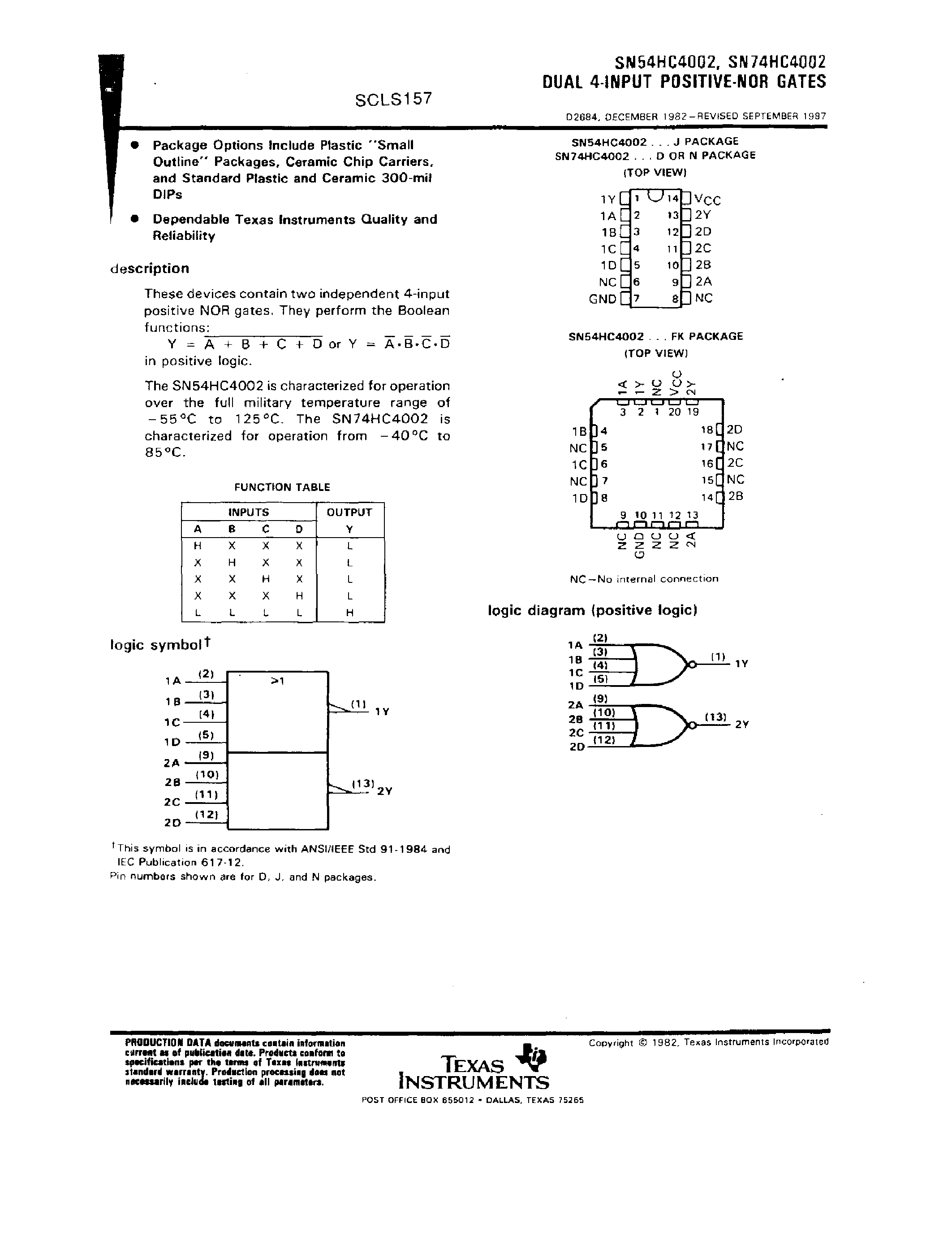 Даташит SN74HC4002 - DUAL 4-INPUT POSITIVE-NOR GATES страница 1