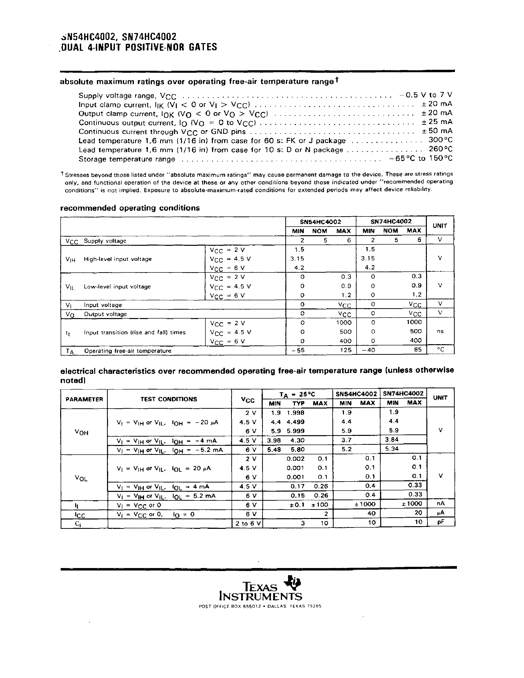 Даташит SN74HC4002 - DUAL 4-INPUT POSITIVE-NOR GATES страница 2