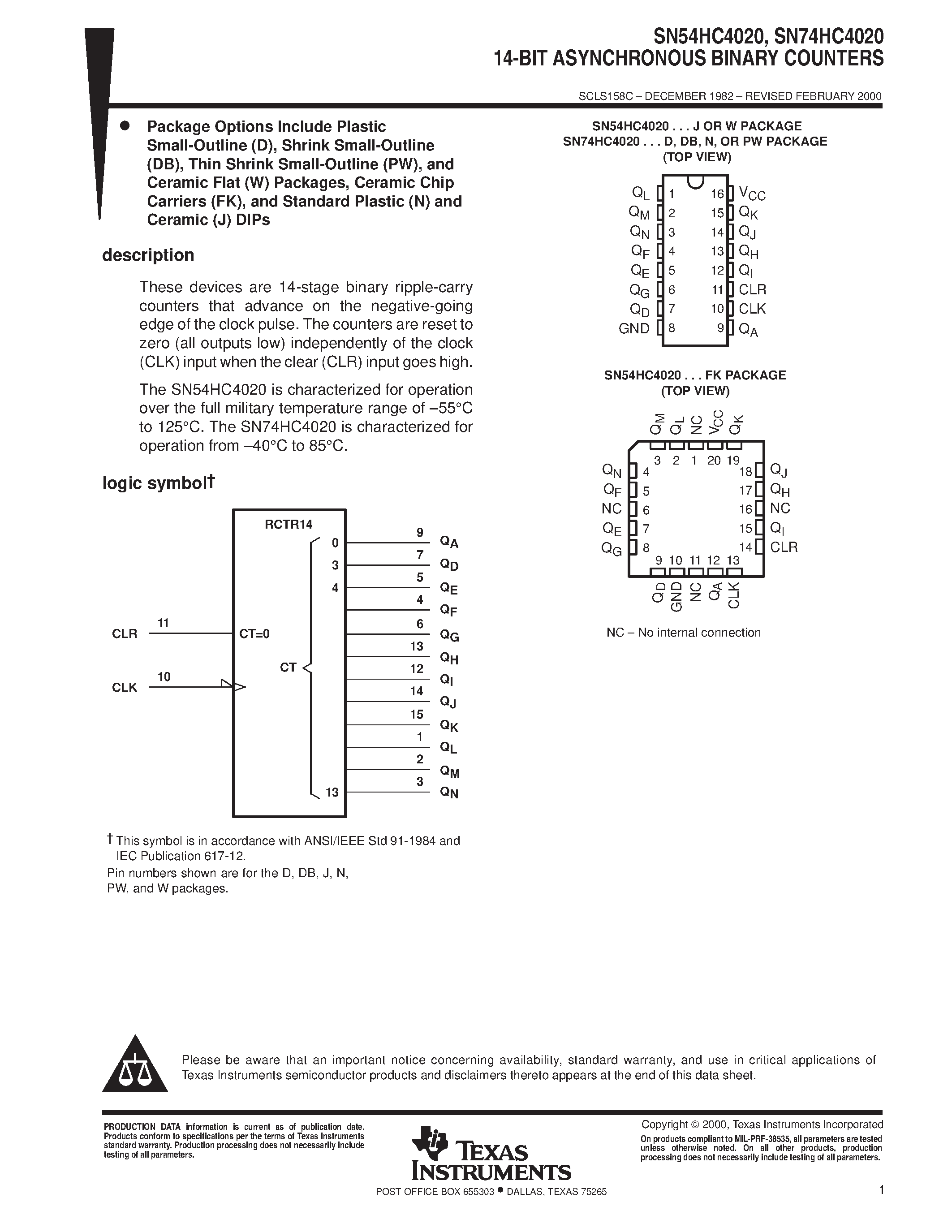 Даташит SN74HC4020 - 14-BIT ASYNCHRONOUS BINARY COUNTERS страница 1