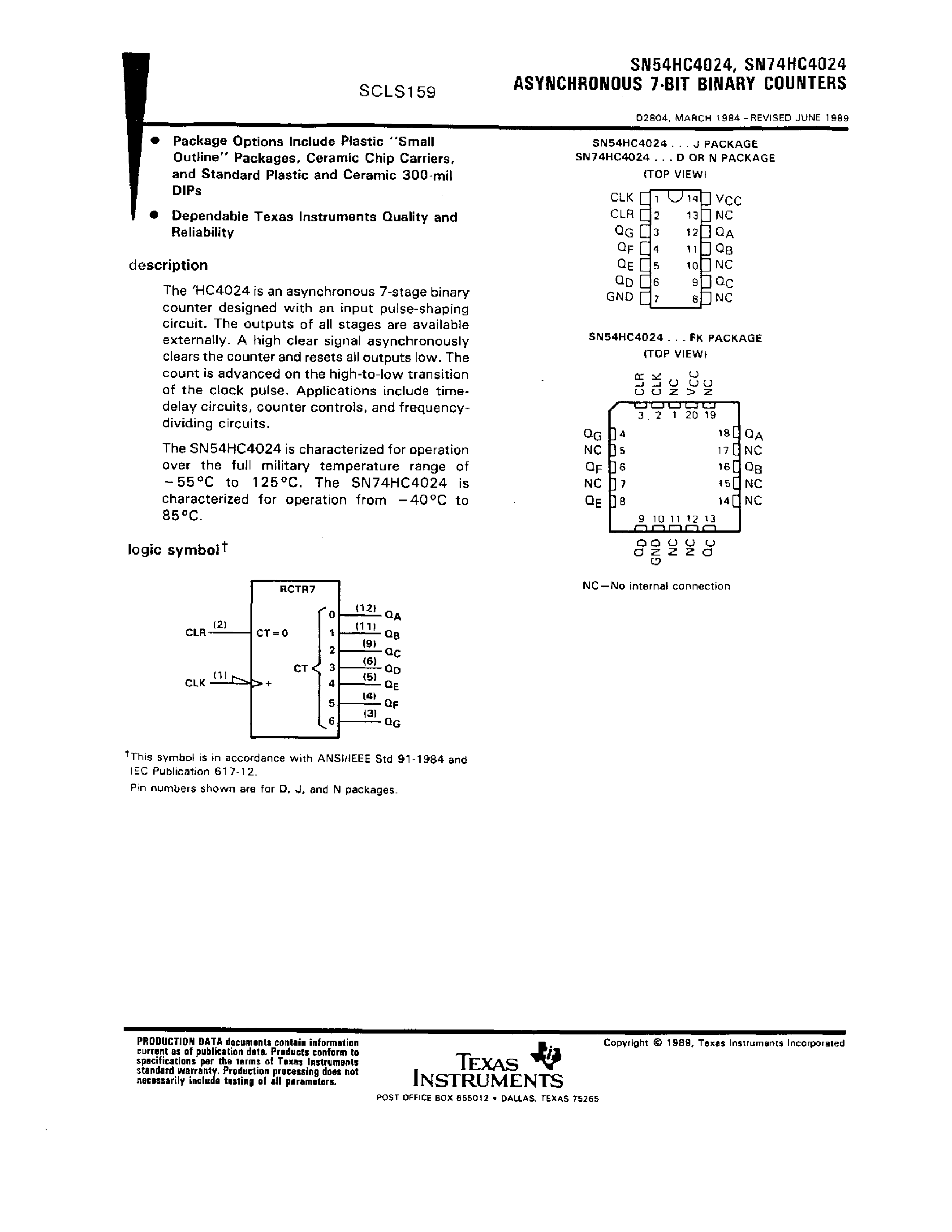 Даташит SN74HC4024 - ASYNCHRONOUS 7-BIT BINARY COUNTERS страница 1