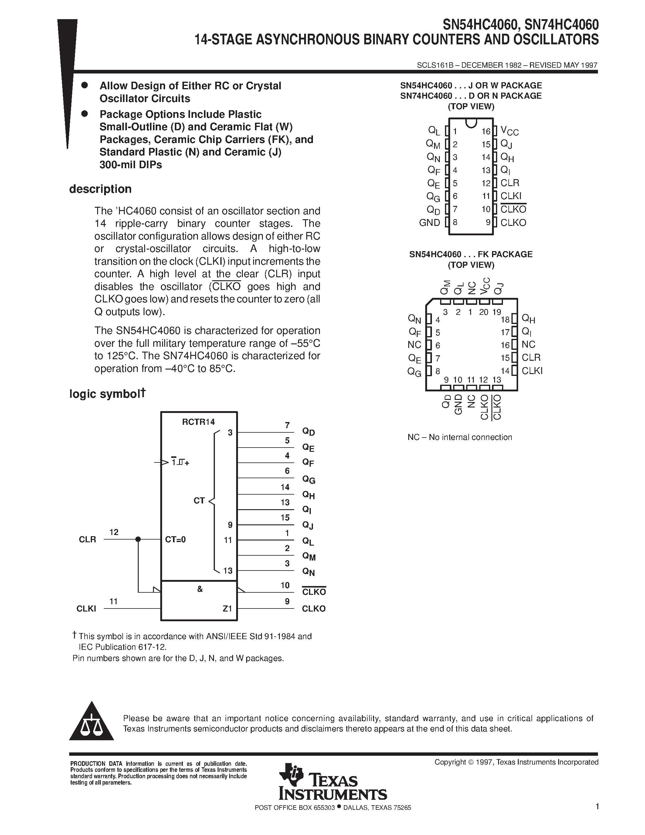 Даташит SN74HC4060 - 14-STAGE ASYNCHRONOUS BINARY COUNTERS AND OSCILLATORS страница 1