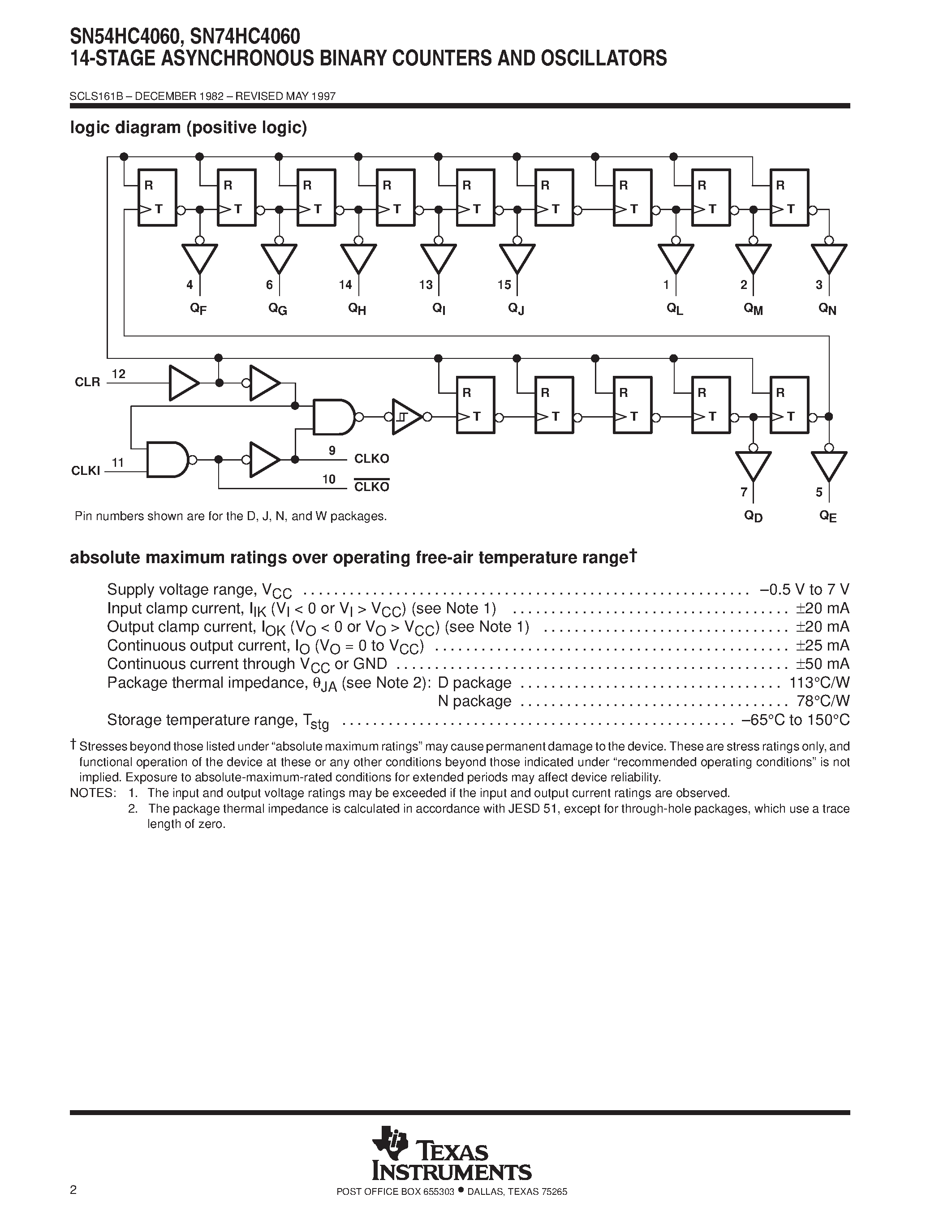 Даташит SN74HC4060 - 14-STAGE ASYNCHRONOUS BINARY COUNTERS AND OSCILLATORS страница 2