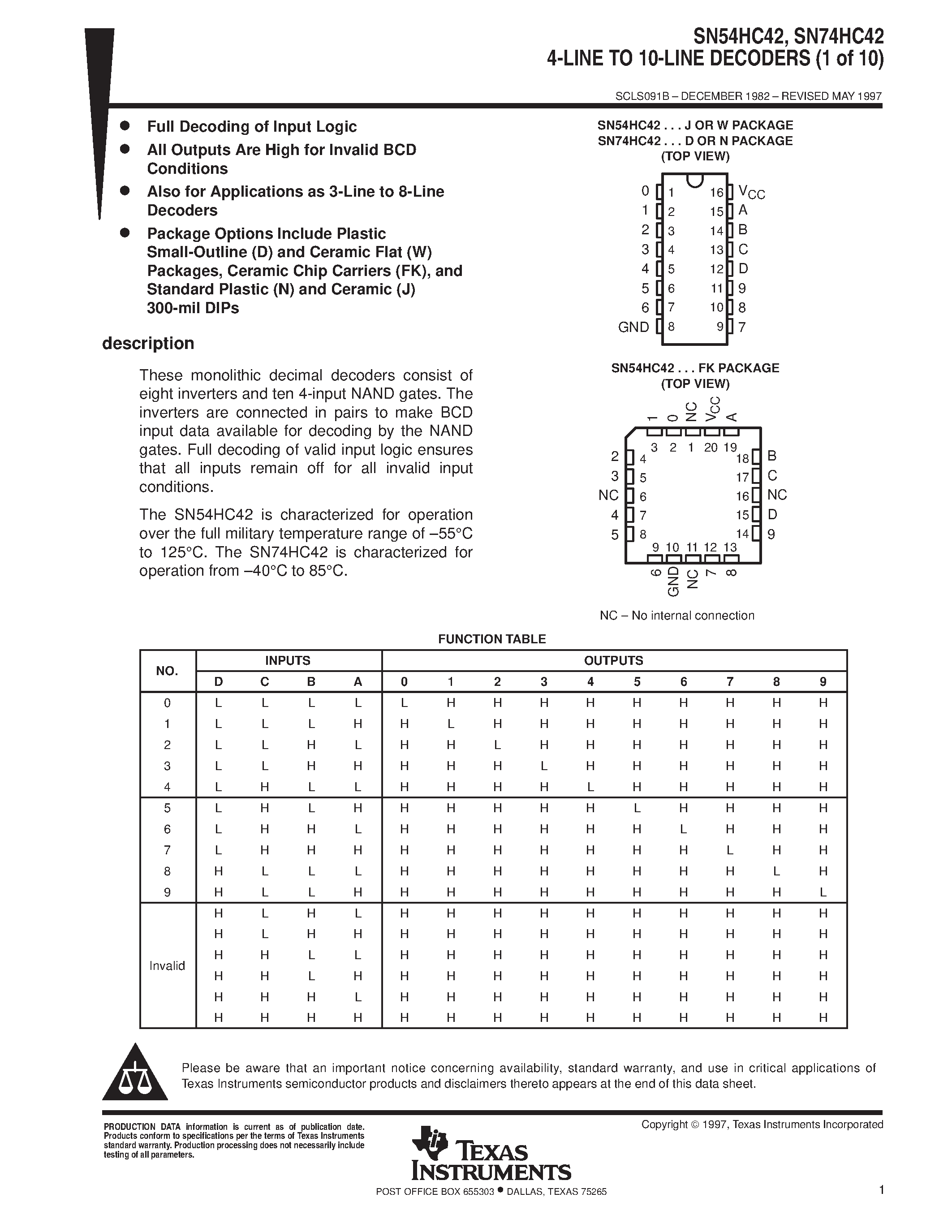 Даташит SN74HC42 - 4-LINE TO 10-LINE DECODERS 1 of 10 страница 1