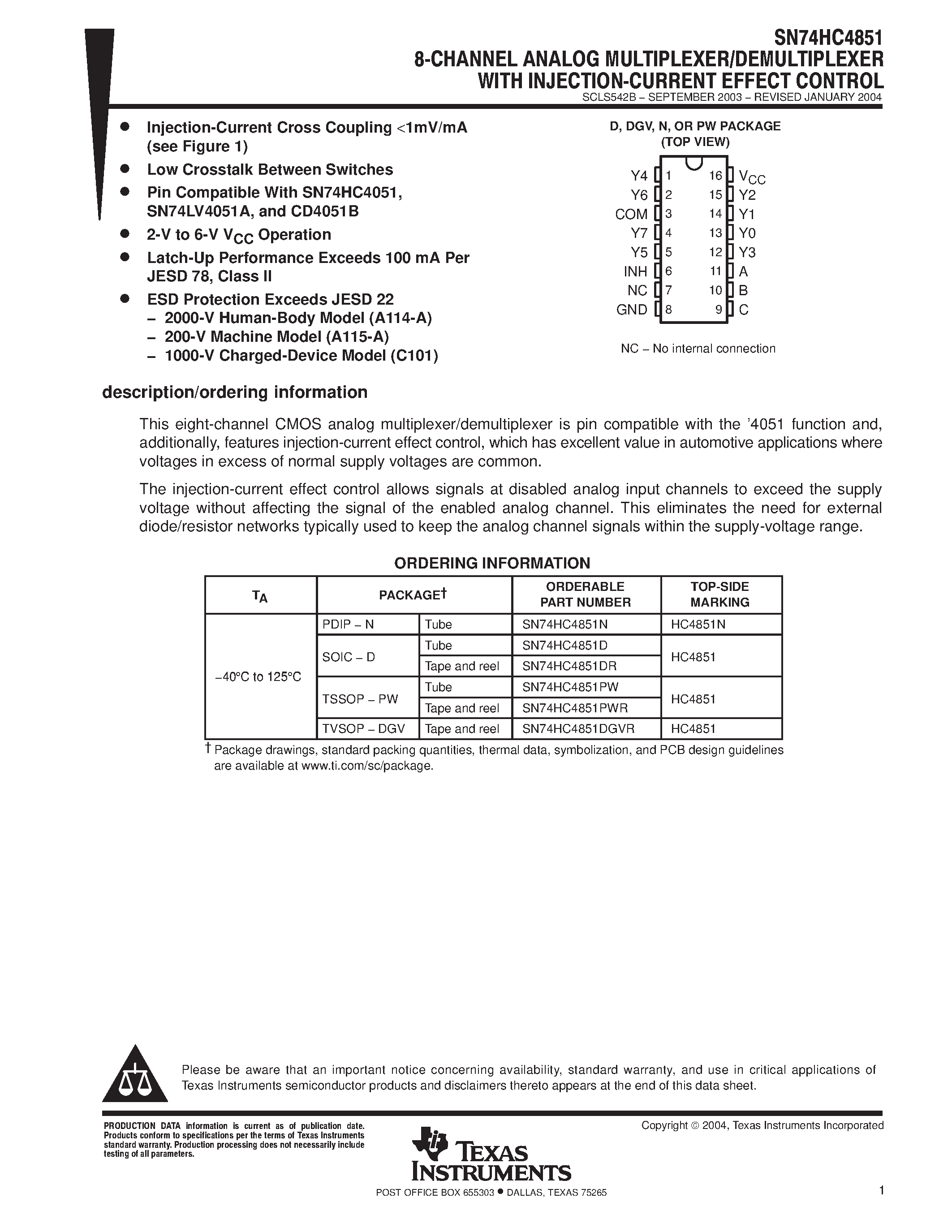 Даташит SN74HC4851 - 8 CHANNEL ANALOG MULTIPLEXER/DEMUILTIPLEXER WITH INJECTION CURRENT EFFECT CONTROL страница 1