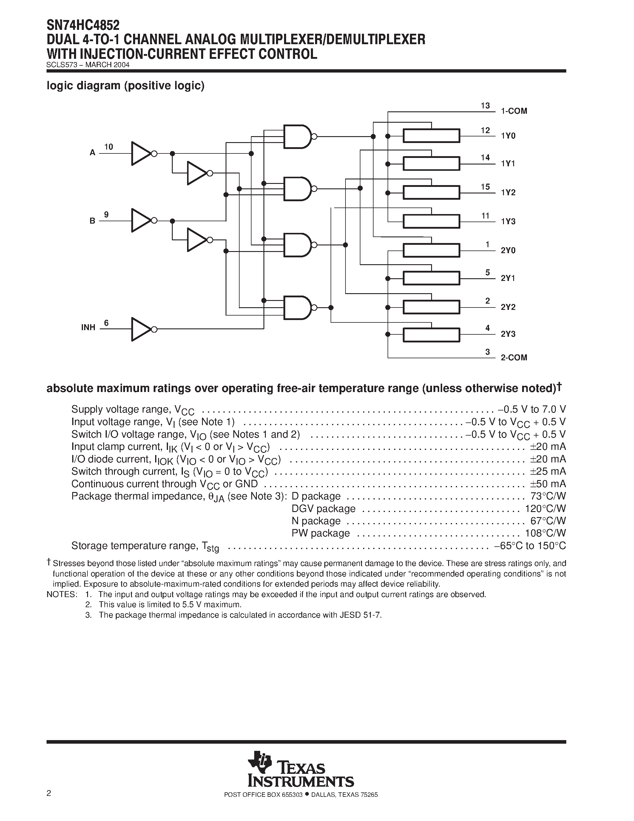 Даташит SN74HC4852 - DUAL 4 TO 1 CHANNEL ANALOG MULTIPLEXER / DEMULTIPLEXER страница 2