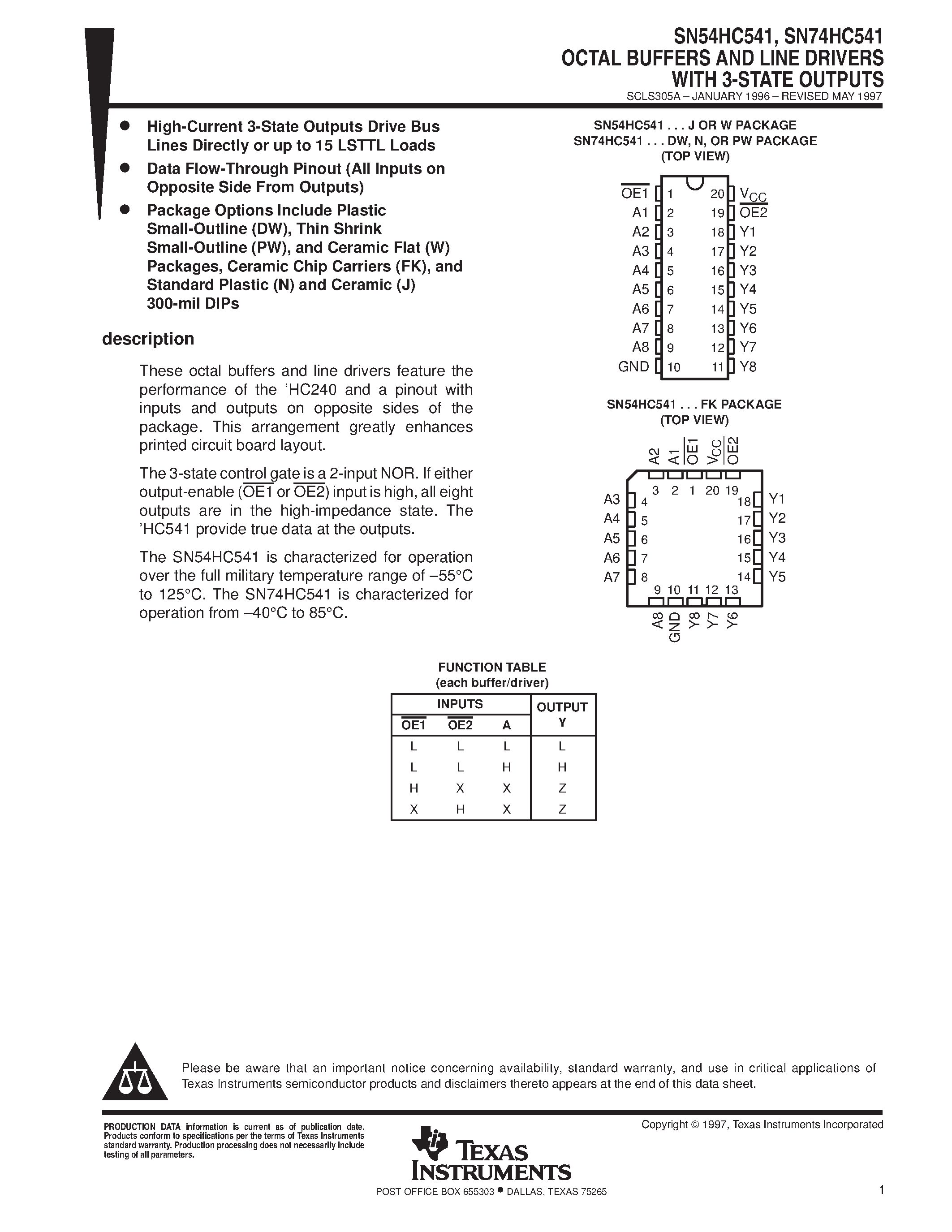 Даташит SN74HC541 - OCTAL BUFFERS AND LINE DRIVERS WITH 3-STATE OUTPUTS страница 1