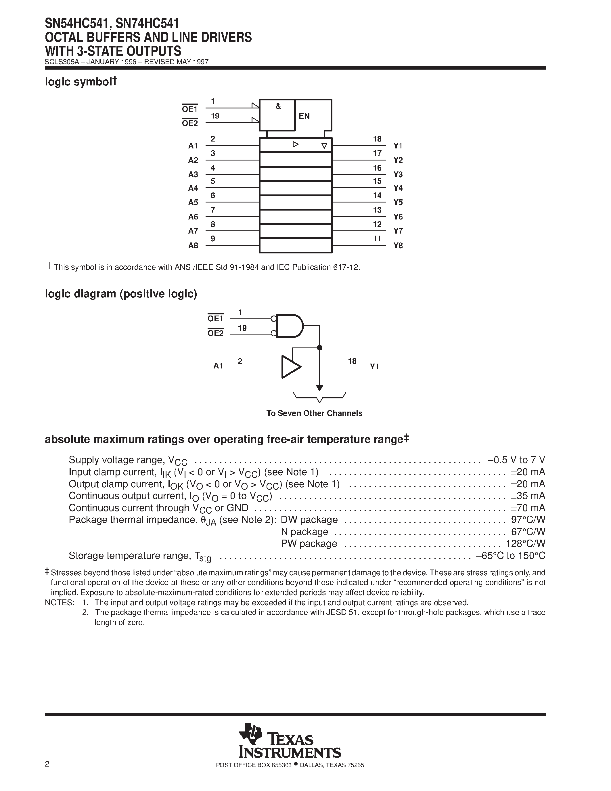 Даташит SN74HC541 - OCTAL BUFFERS AND LINE DRIVERS WITH 3-STATE OUTPUTS страница 2