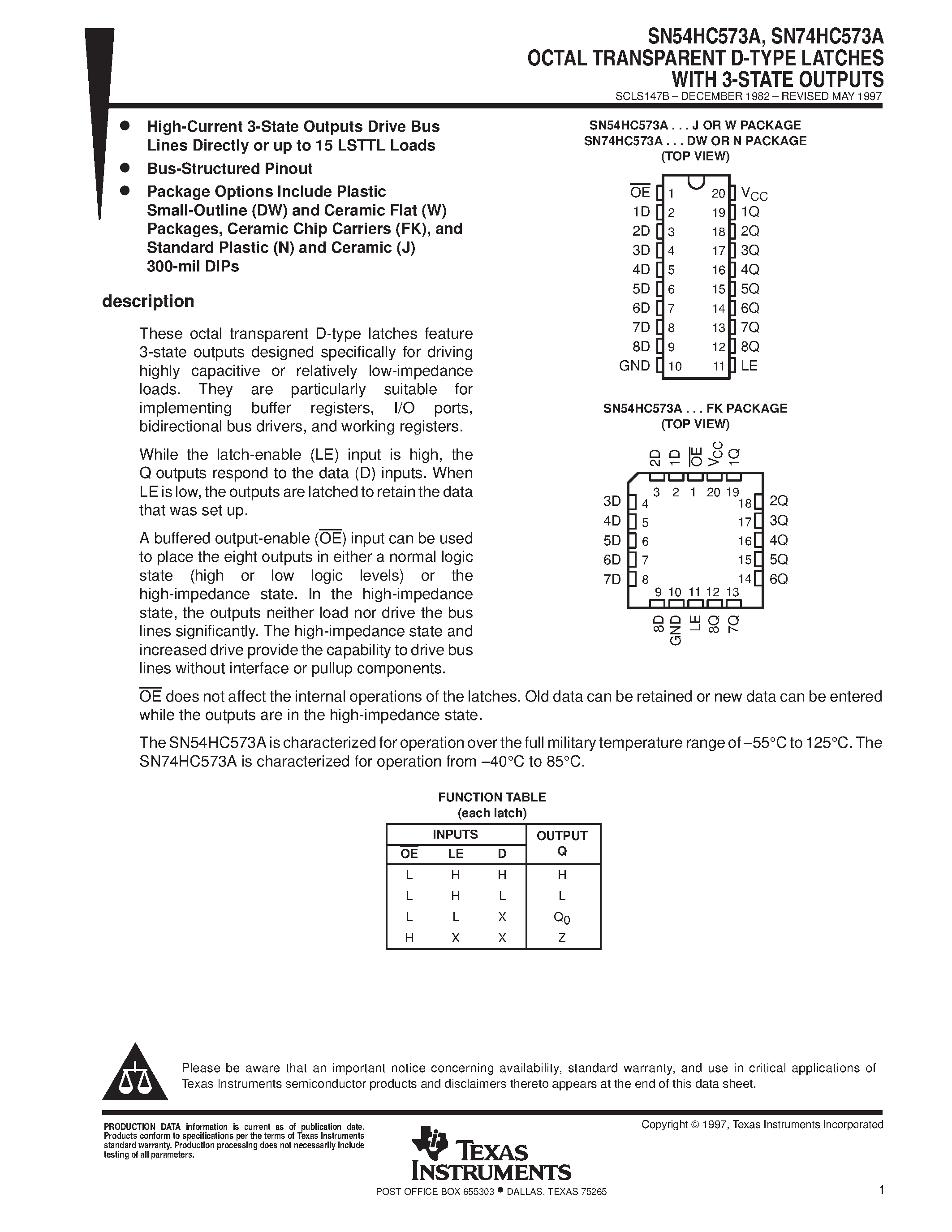 Даташит SN74HC573A - OCTAL TRANSPARENT D-TYPE LATCHES WITH 3-STATE OUTPUTS страница 1