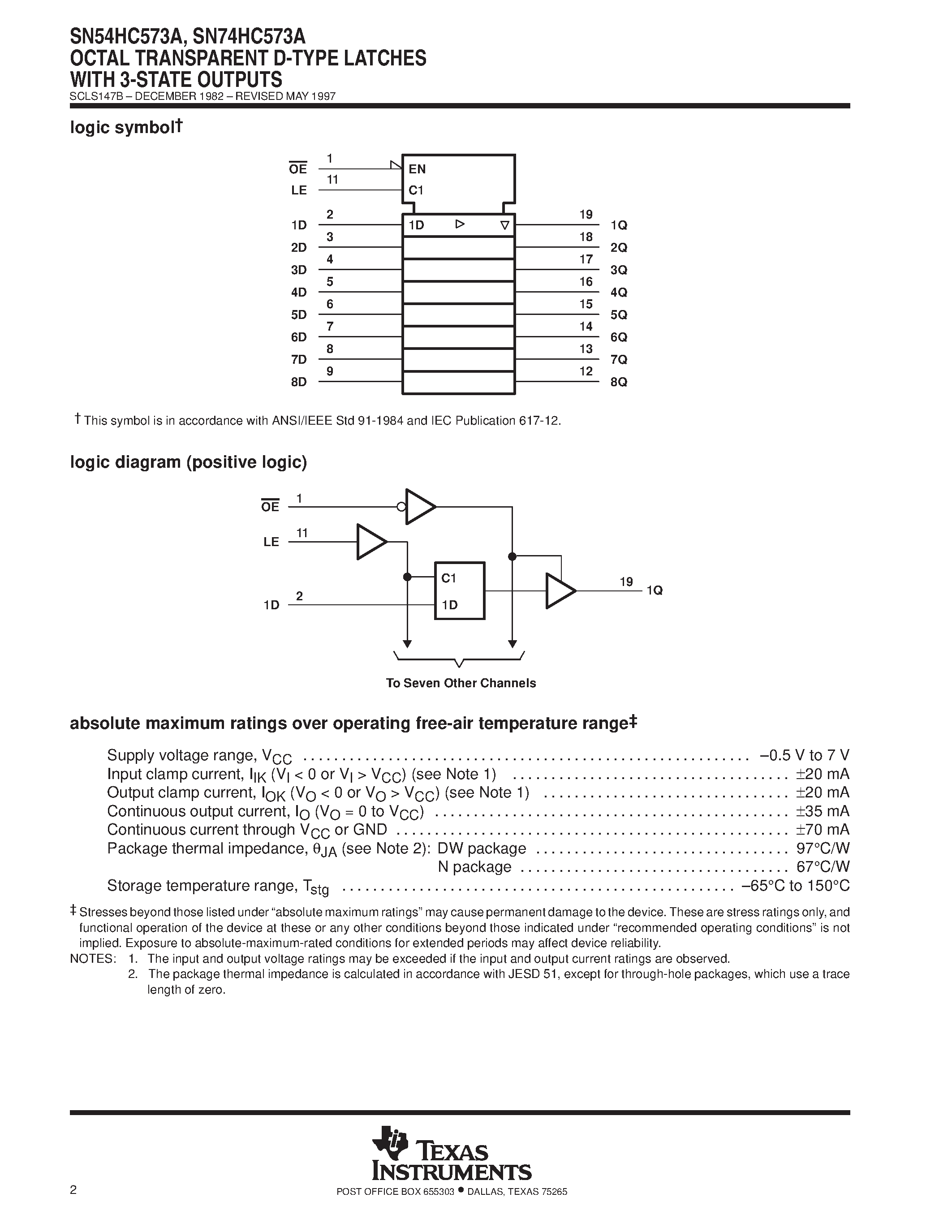 Даташит SN74HC573A - OCTAL TRANSPARENT D-TYPE LATCHES WITH 3-STATE OUTPUTS страница 2