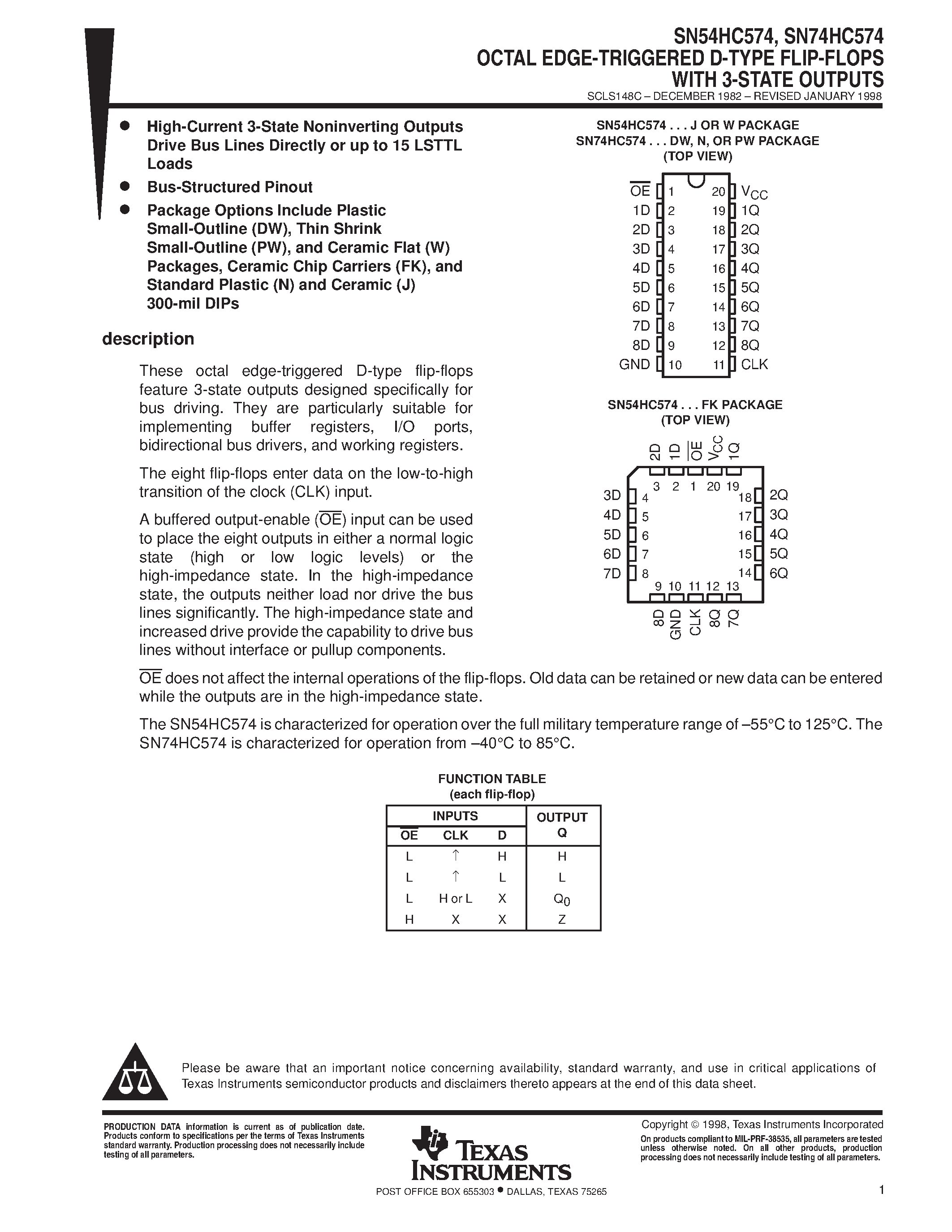 Даташит SN74HC574 - OCTAL EDGE-TRIGGERED D-TYPE FLIP-FLOPS WITH 3-STATE OUTPUTS страница 1