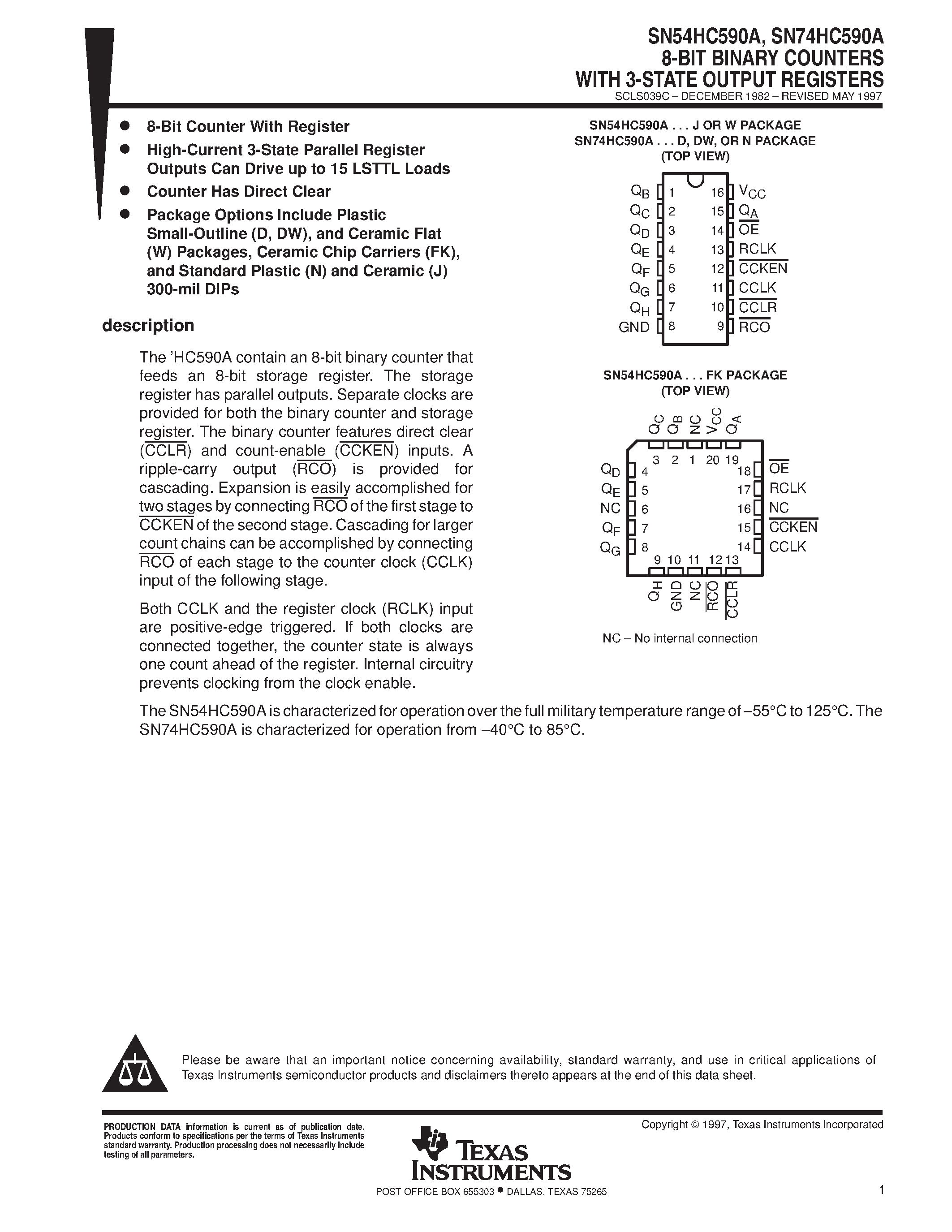 Даташит SN74HC590A - 8-BIT BINARY COUNTERS WITH 3-STATE OUTPUT REGISTERS страница 1