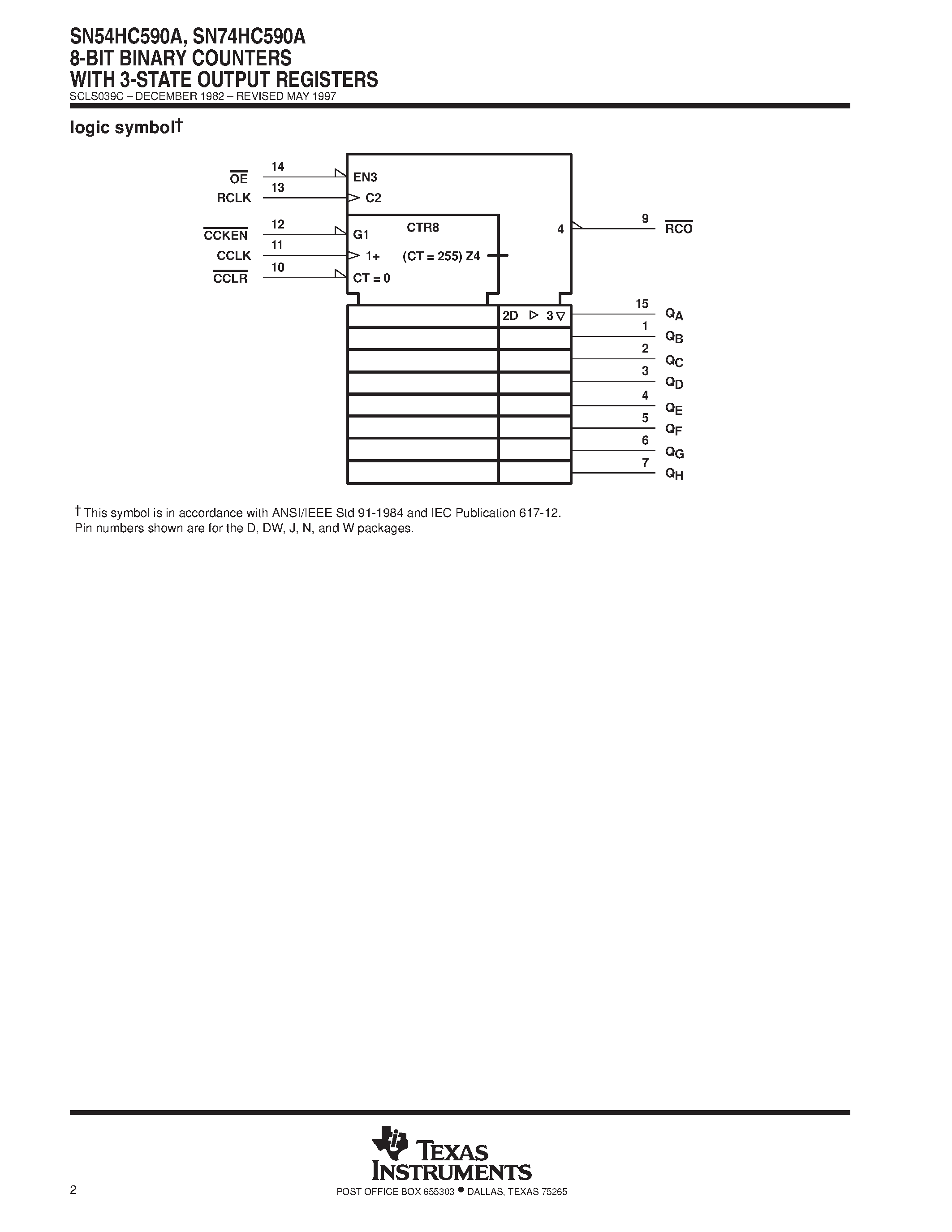 Даташит SN74HC590A - 8-BIT BINARY COUNTERS WITH 3-STATE OUTPUT REGISTERS страница 2