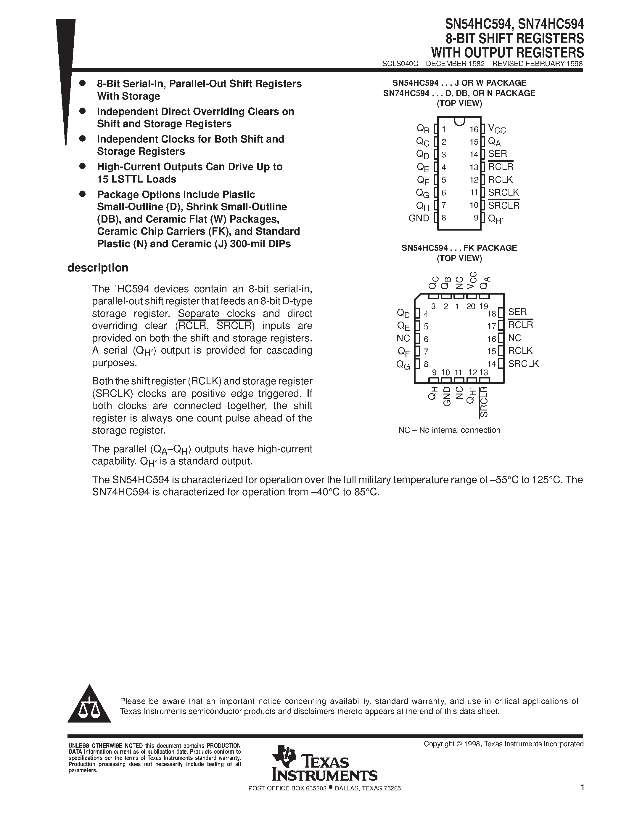 Даташит SN74HC594 - 8-BIT SHIFT REGISTERS WITH OUTPUT REGISTERS страница 1