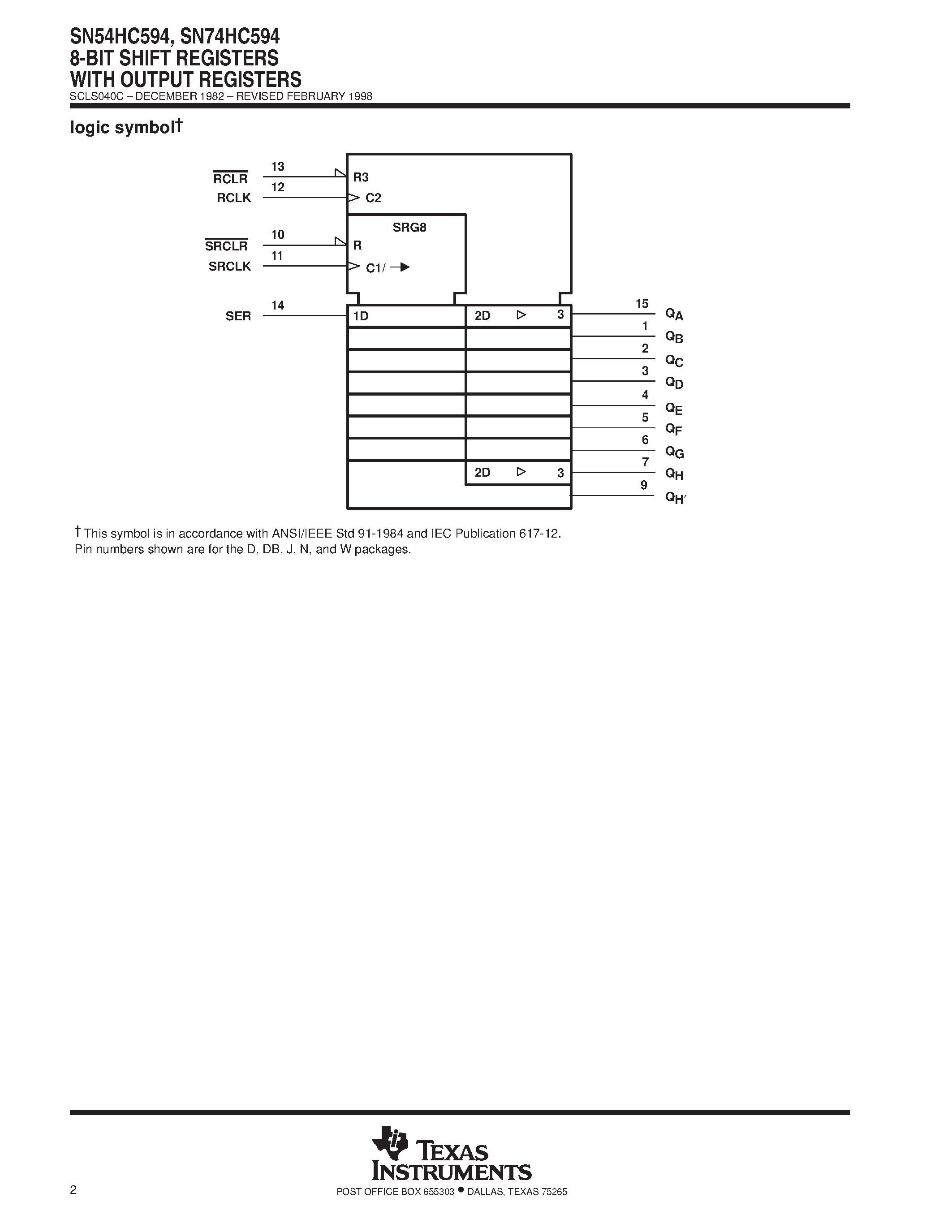 Даташит SN74HC594 - 8-BIT SHIFT REGISTERS WITH OUTPUT REGISTERS страница 2