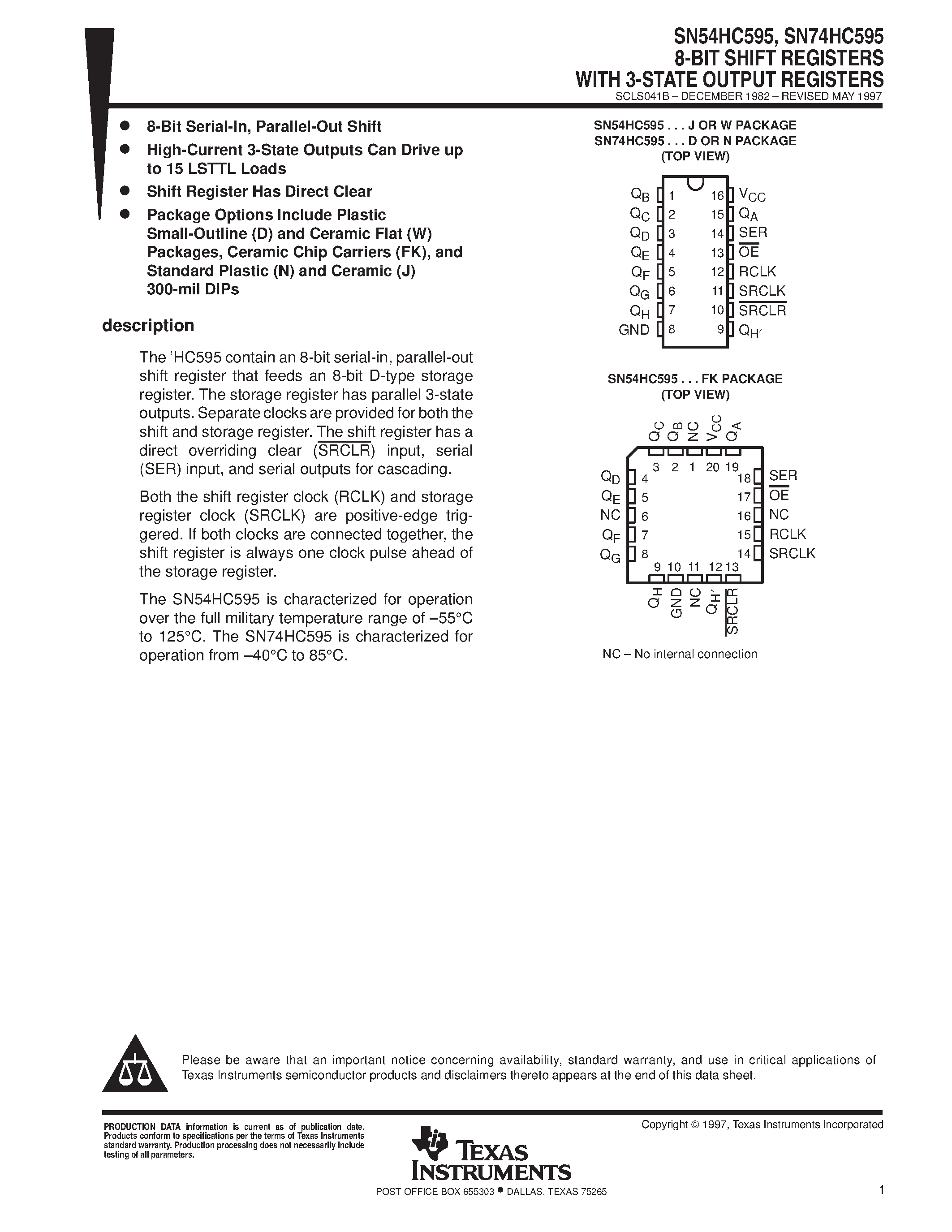 Даташит SN74HC595 - 8-BIT SHIFT REGISTERS WITH 3-STATE OUTPUT REGISTERS страница 1