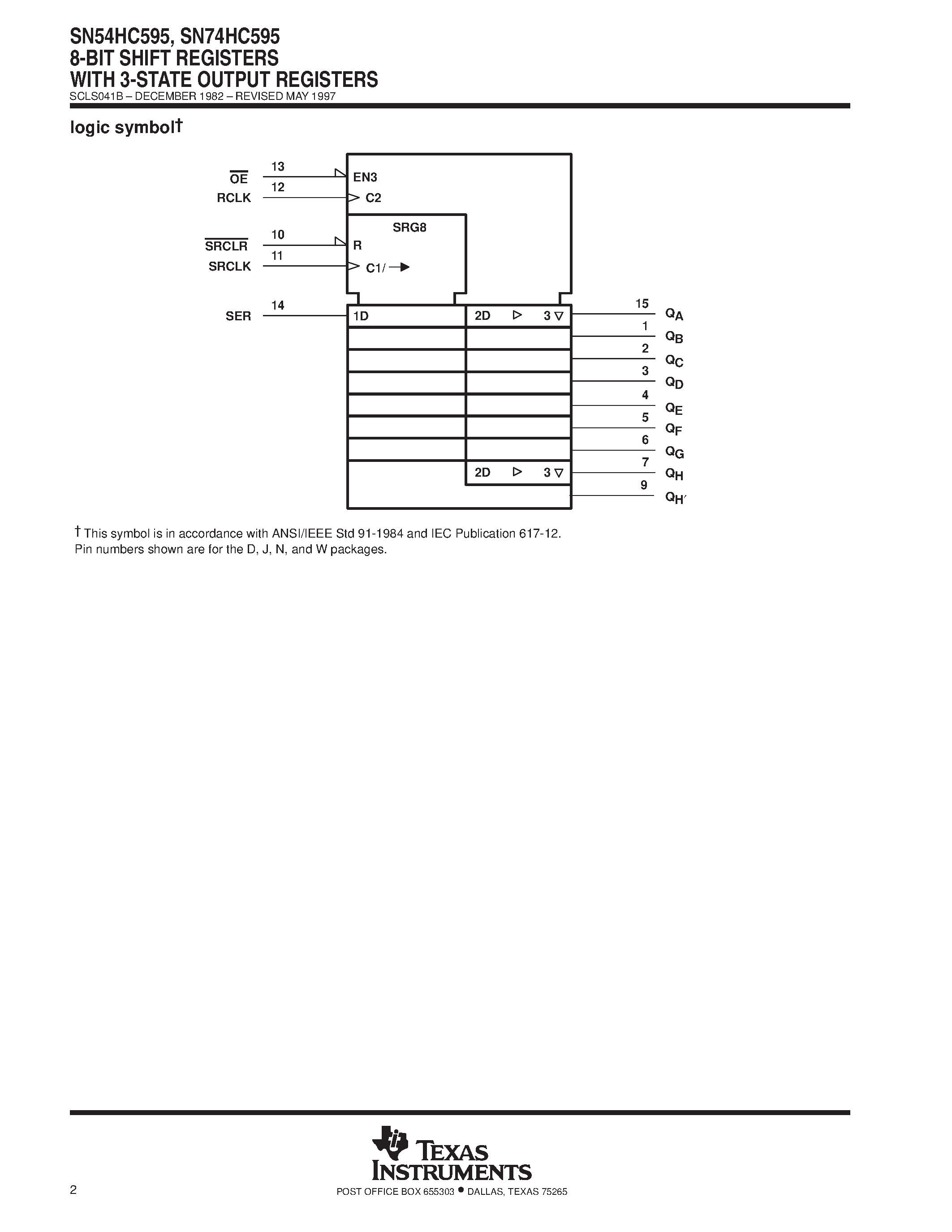 Даташит SN74HC595 - 8-BIT SHIFT REGISTERS WITH 3-STATE OUTPUT REGISTERS страница 2