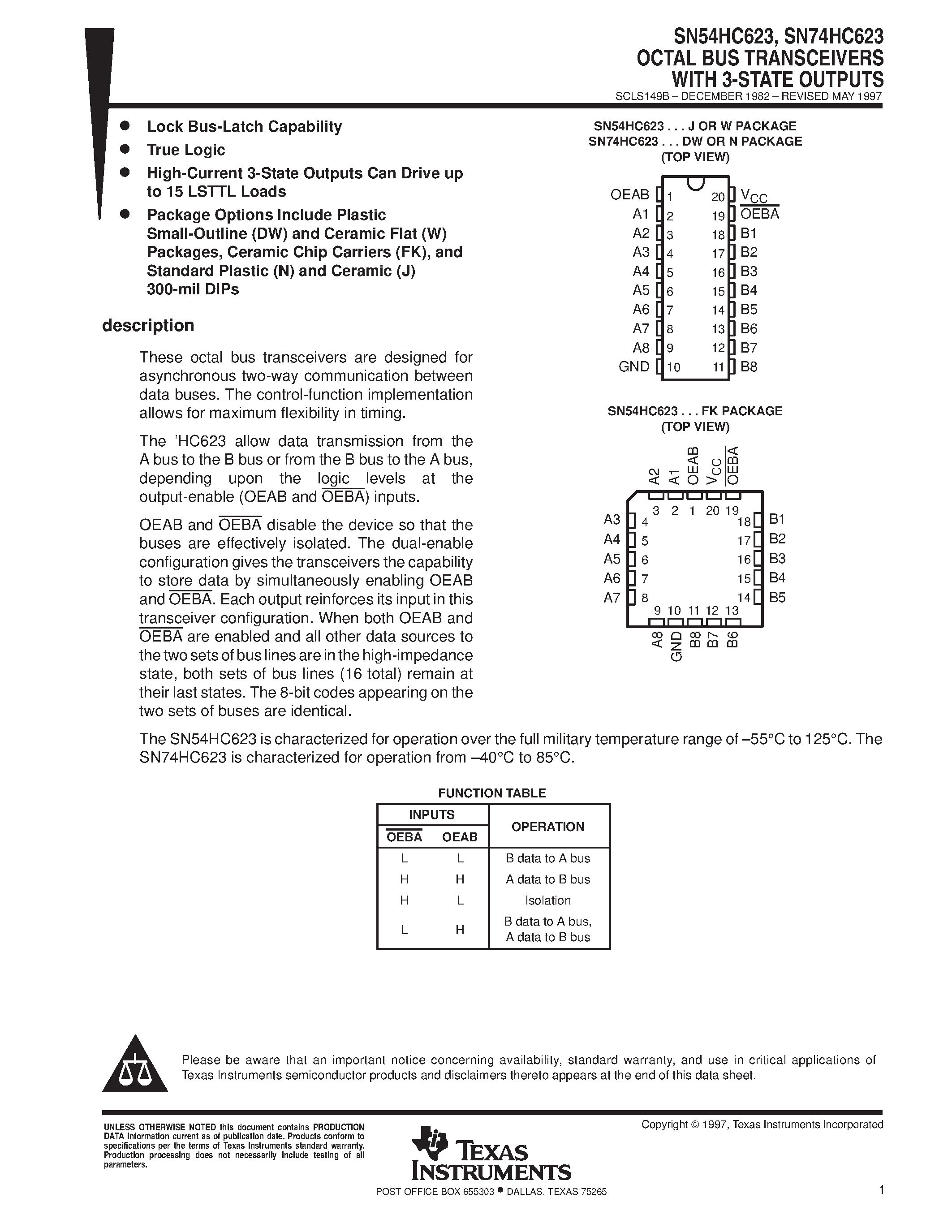 Даташит SN74HC623 - OCTAL BUS TRANSCEIVERS WITH 3-STATE OUTPUTS страница 1