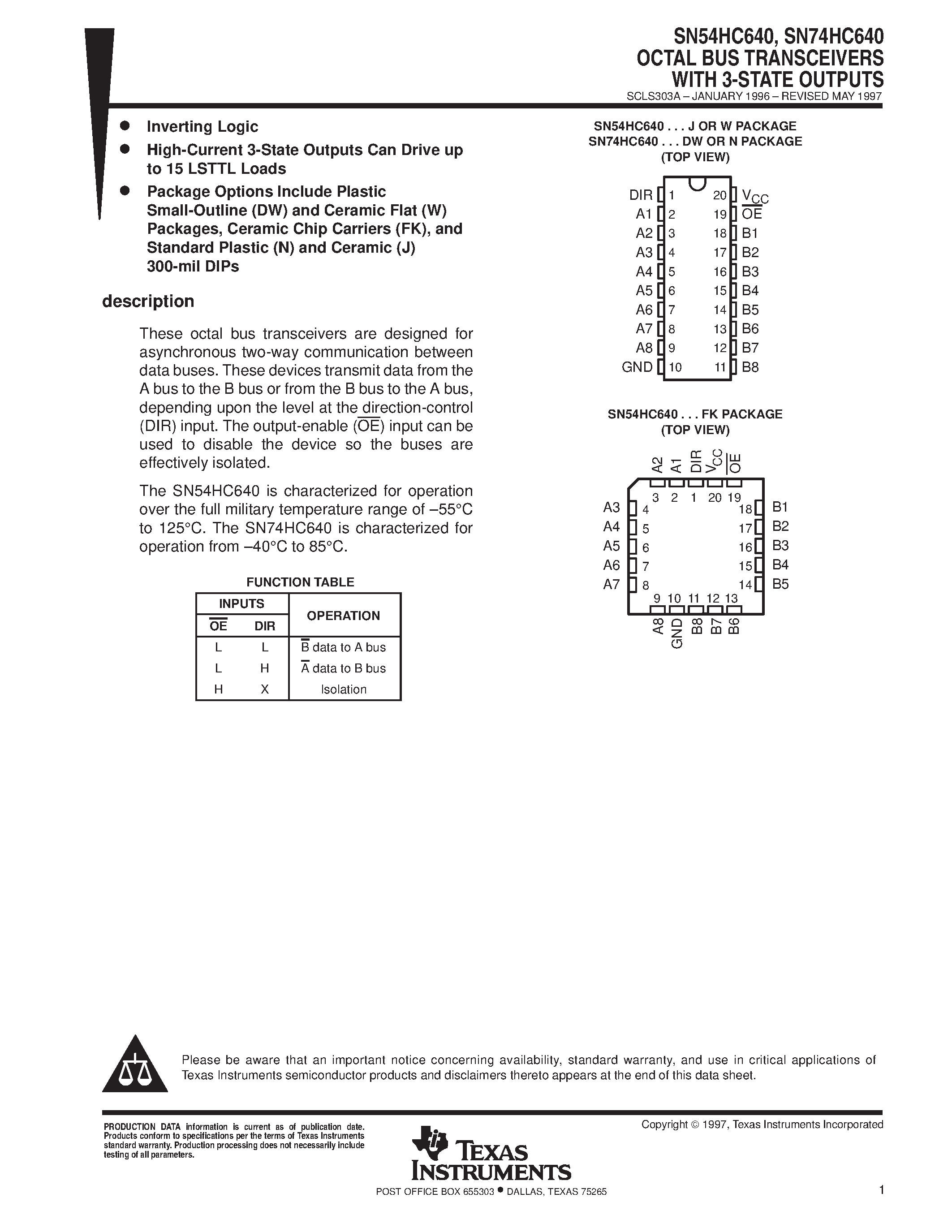 Даташит SN74HC640 - OCTAL BUS TRANSCEIVERS WITH 3-STATE OUTPUTS страница 1