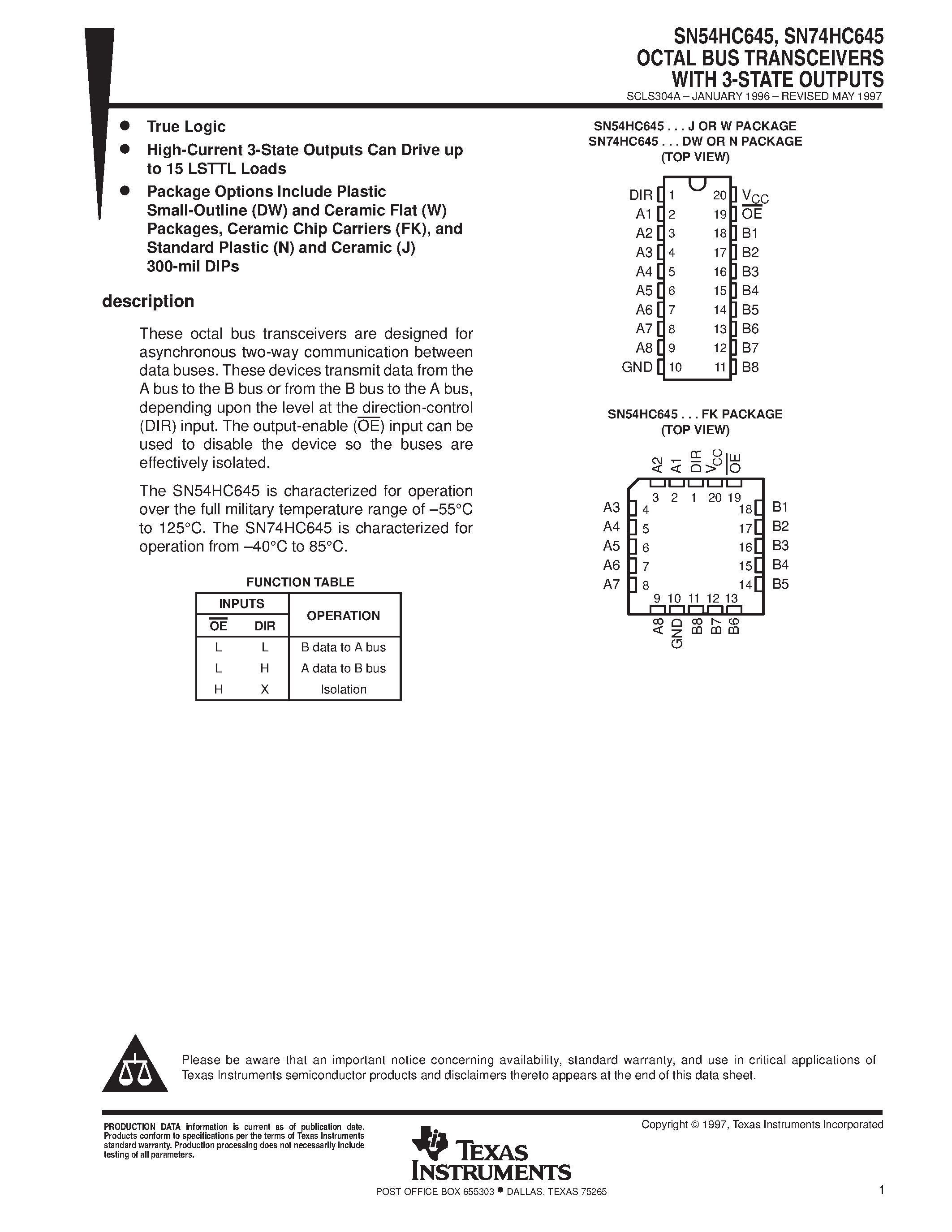 Даташит SN74HC645 - OCTAL BUS TRANSCEIVERS WITH 3-STATE OUTPUTS страница 1