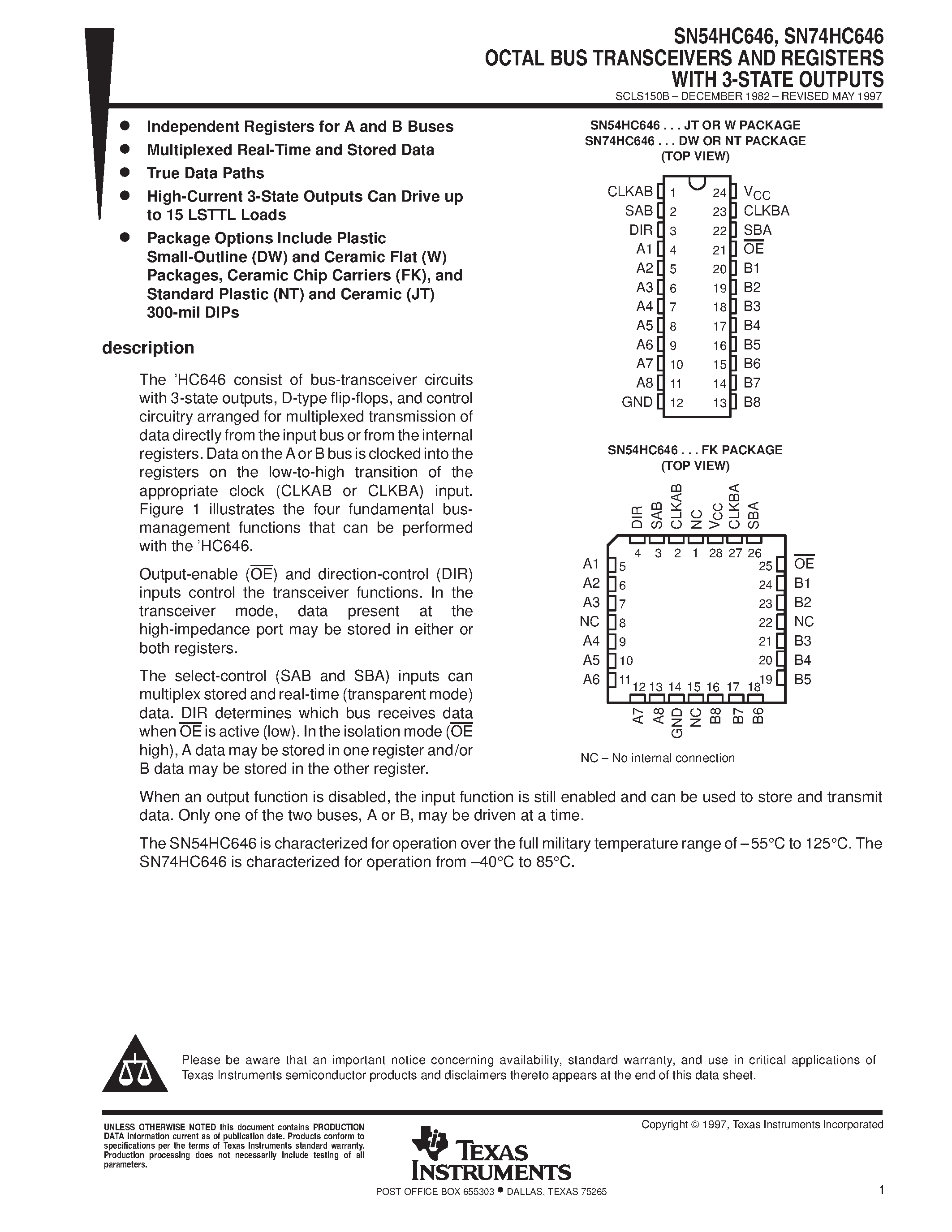 Даташит SN74HC646 - OCTAL BUS TRANSCEIVERS AND REGISTERS WITH 3-STATE OUTPUTS страница 1