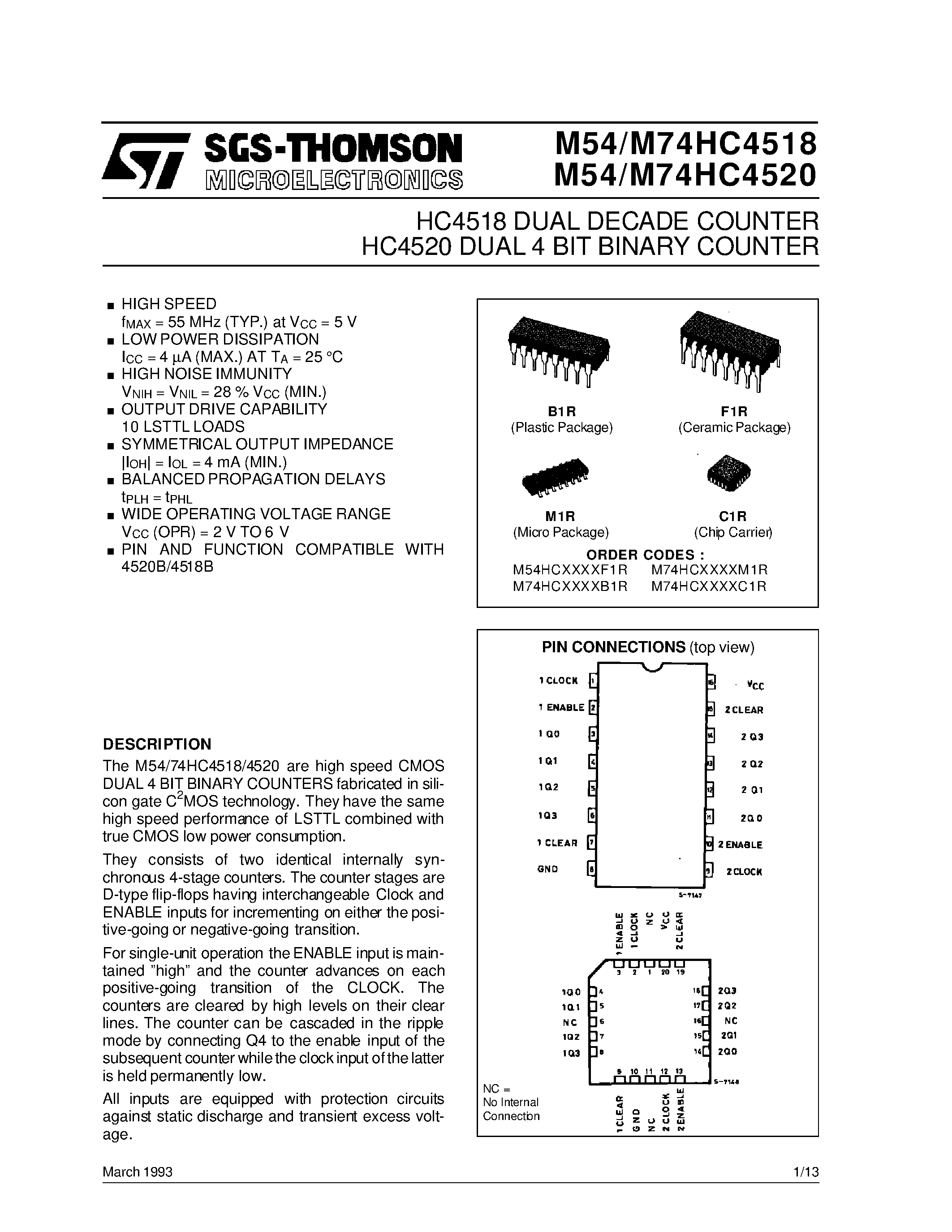 Даташит M74HC1520C1R - HC4518 DUAL DECADE COUNTER HC4520 DUAL 4 BIT BINARY COUNTER страница 1