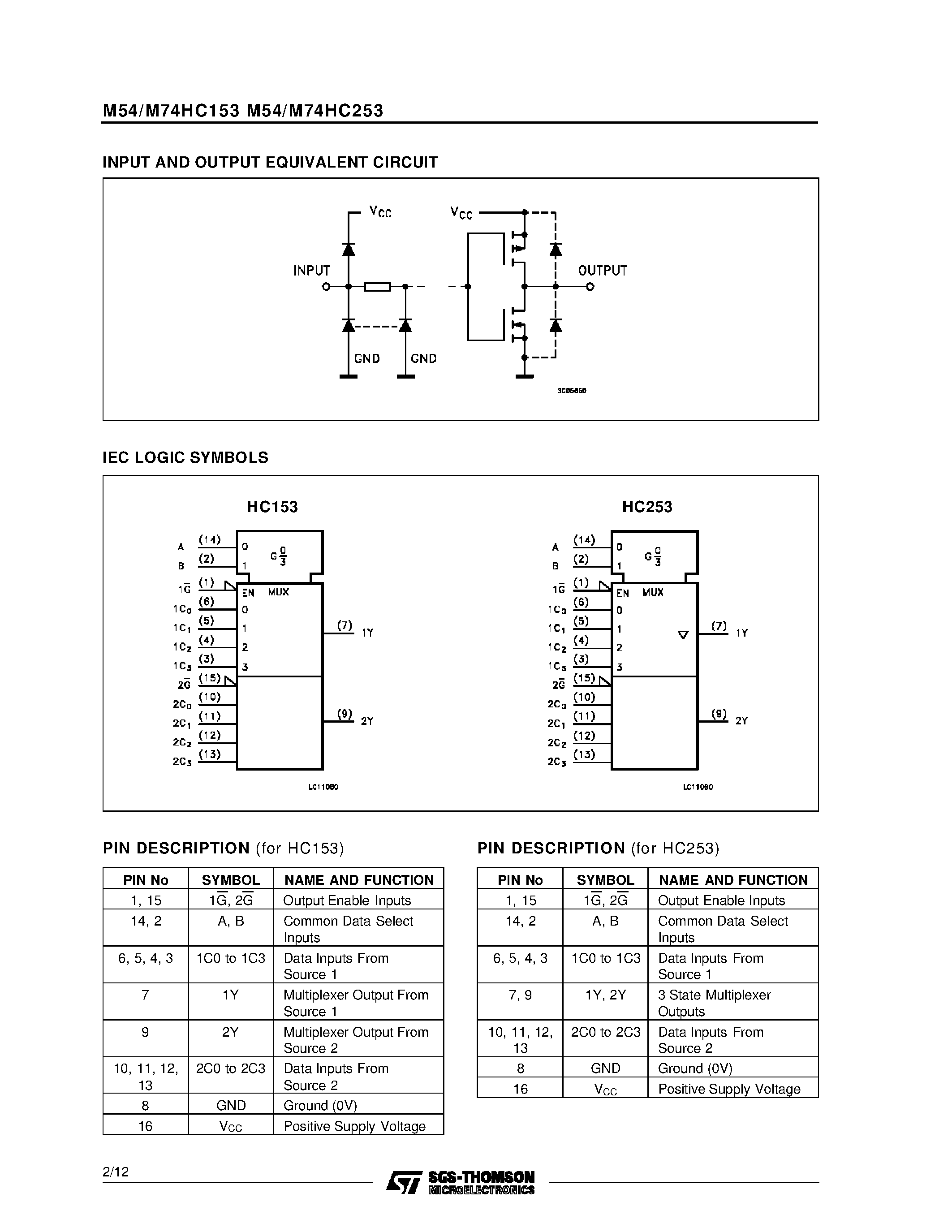 Даташит M74HC153 - HC253 DUAL 4 CHANNEL MULTIPLEXER 3 STATE OUTPUT HC153 DUAL 4 CHANNEL MULTIPLEXER страница 2