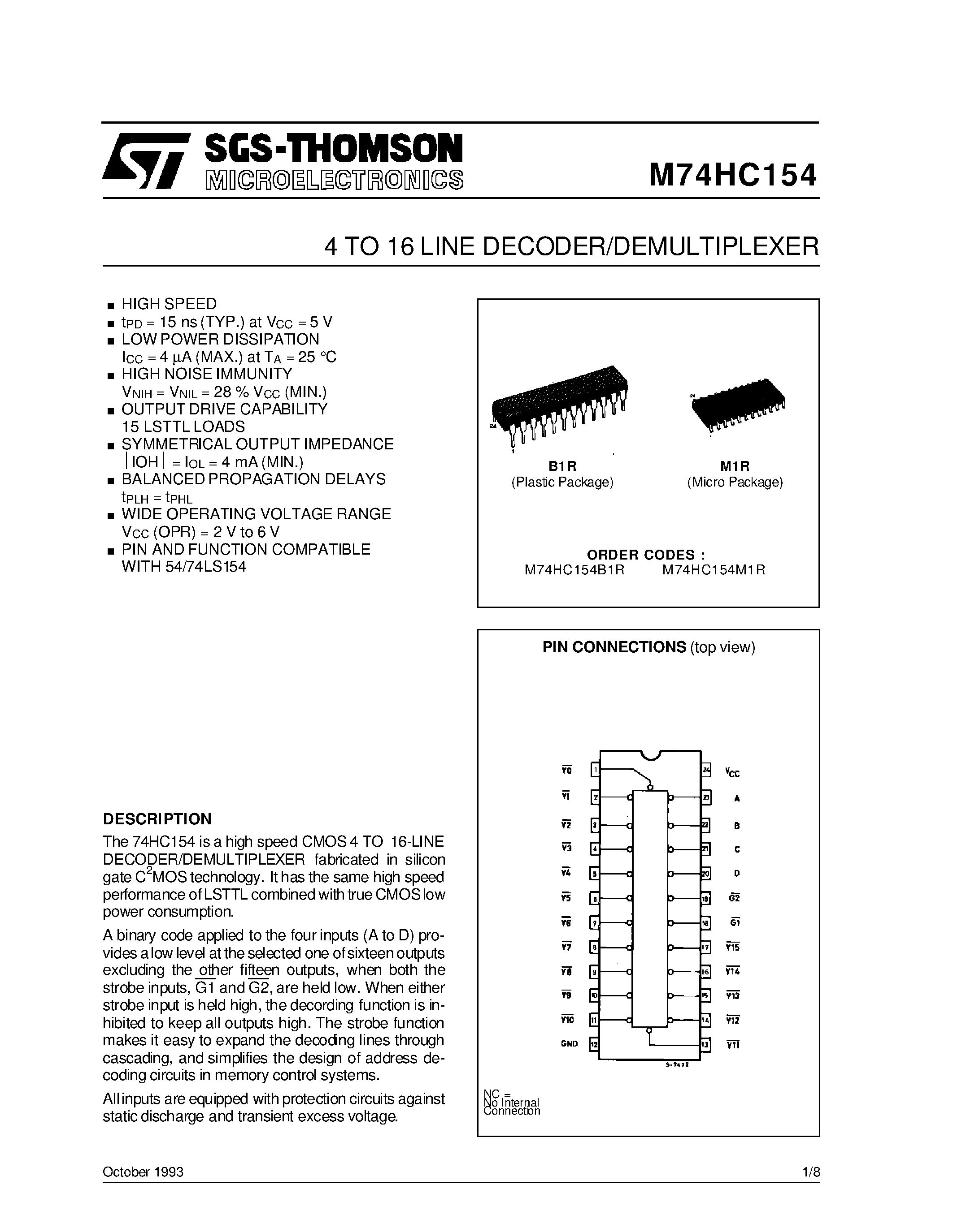 Даташит M74HC154 - 4 TO 16 LINE DECODER/DEMULTIPLEXER страница 1