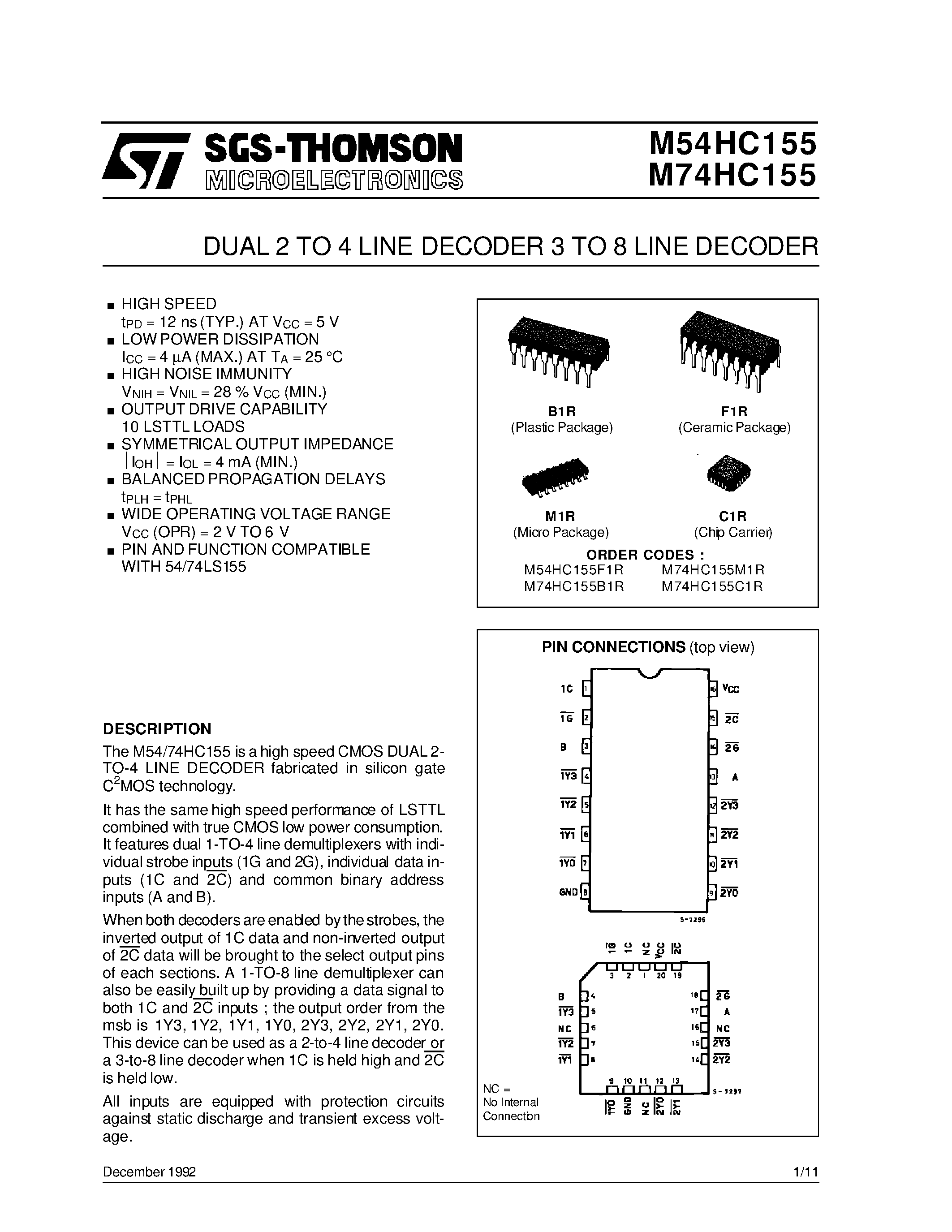 Даташит M74HC155 - DUAL 2 TO 4 LINE DECODER 3 TO 8 LINE DECODER страница 1