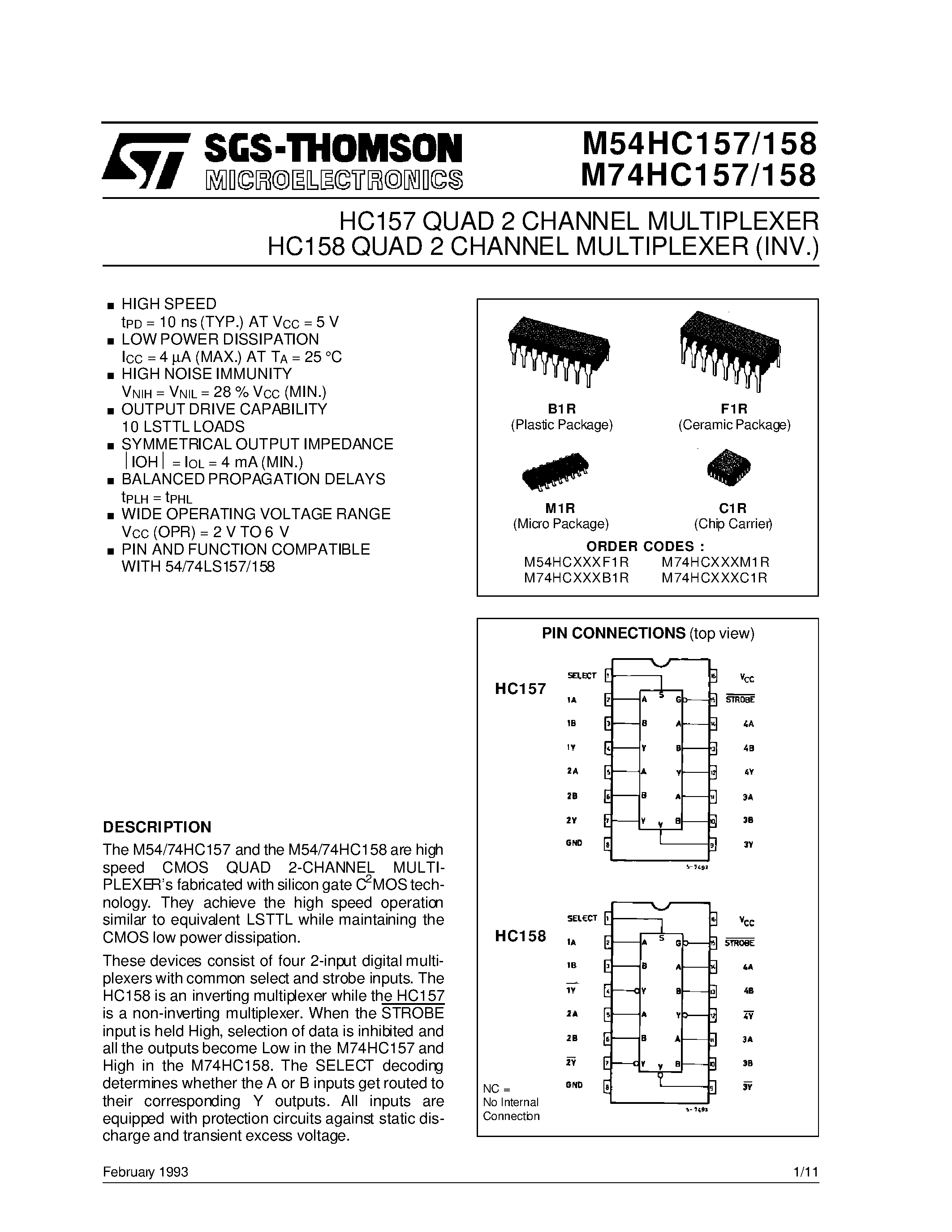 Даташит M74HC157 - HC158 QUAD 2 CHANNEL MULTIPLEXER INV. HC157 QUAD 2 CHANNEL MULTIPLEXER страница 1