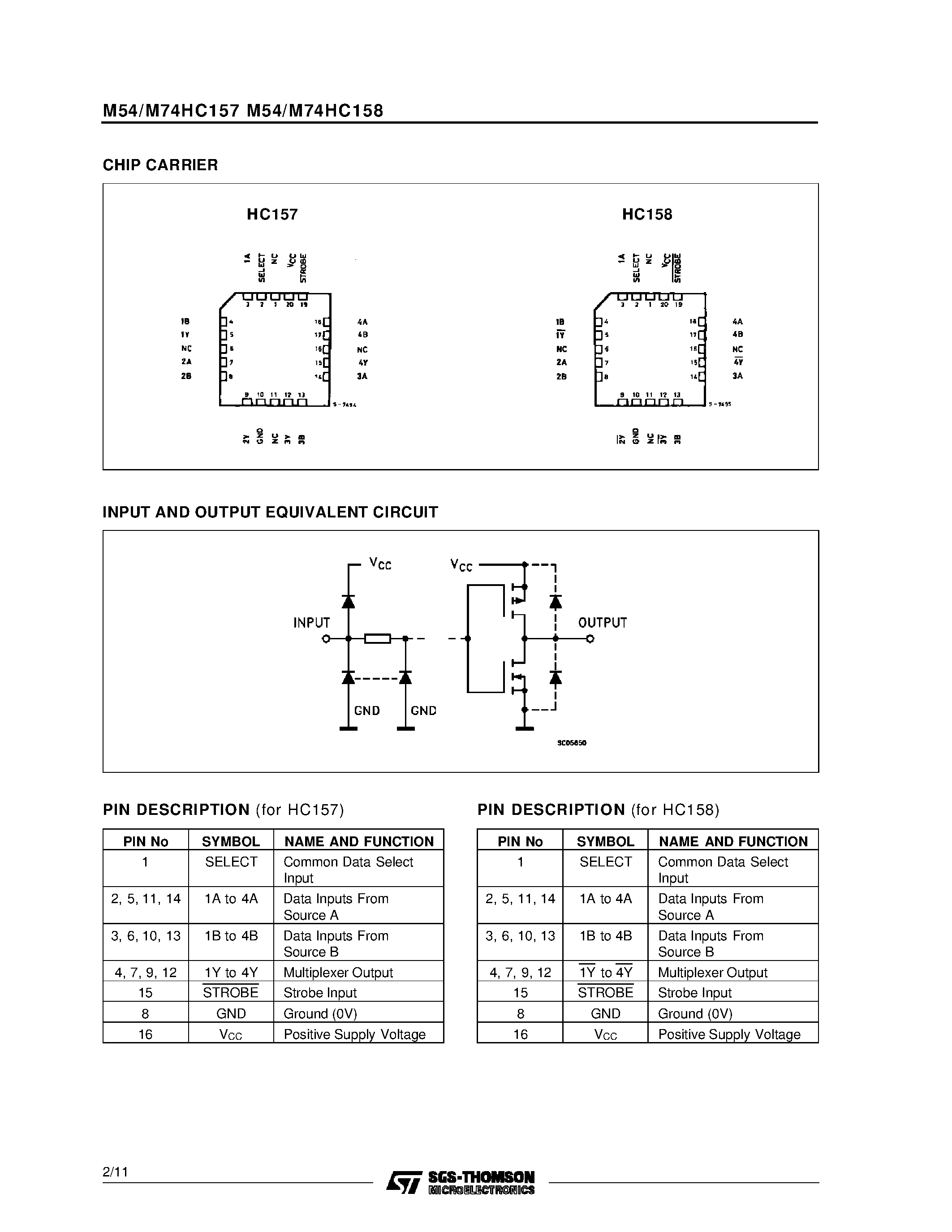 Даташит M74HC157 - HC158 QUAD 2 CHANNEL MULTIPLEXER INV. HC157 QUAD 2 CHANNEL MULTIPLEXER страница 2