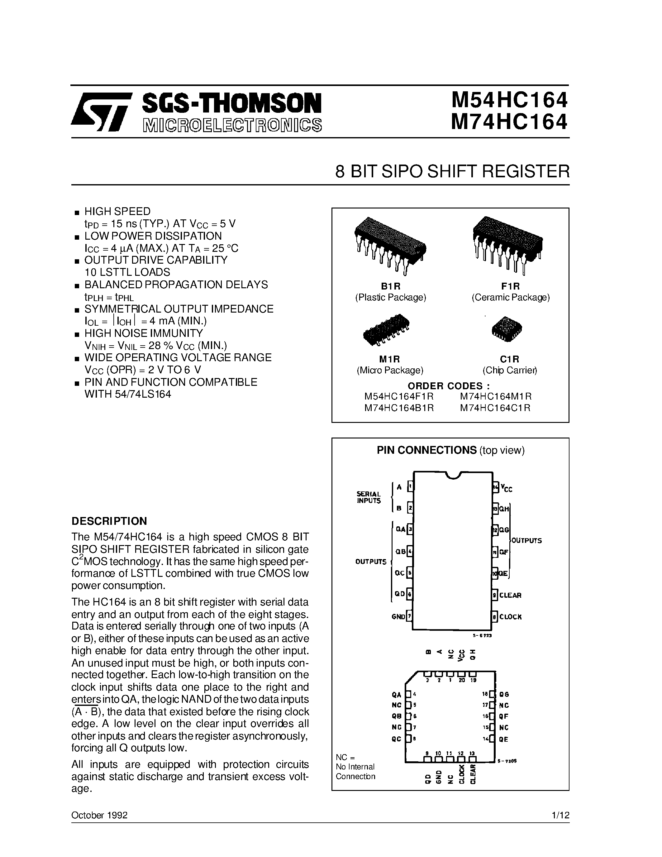 Даташит M74HC164 - 8 BIT SIPO SHIFT REGISTER страница 1