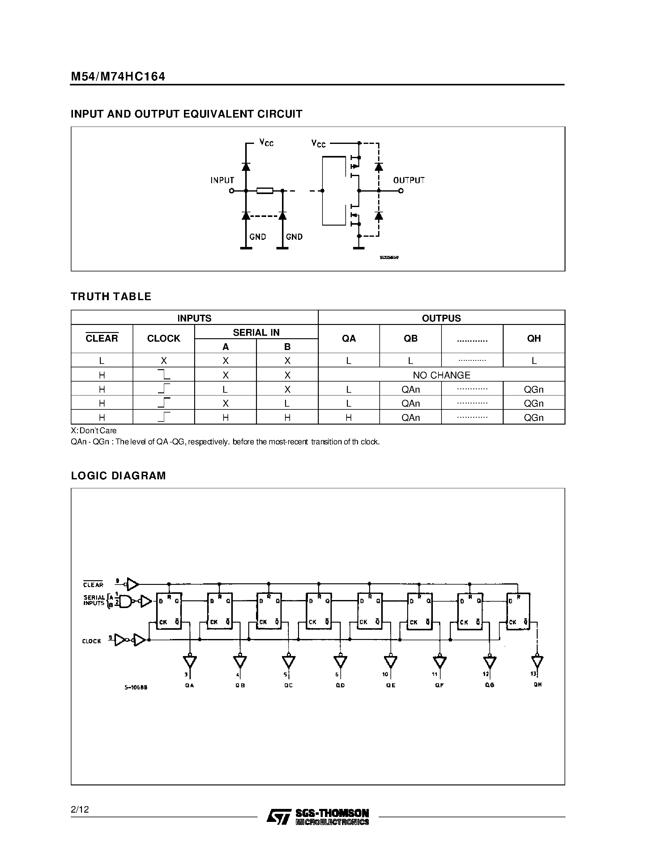 Даташит M74HC164 - 8 BIT SIPO SHIFT REGISTER страница 2