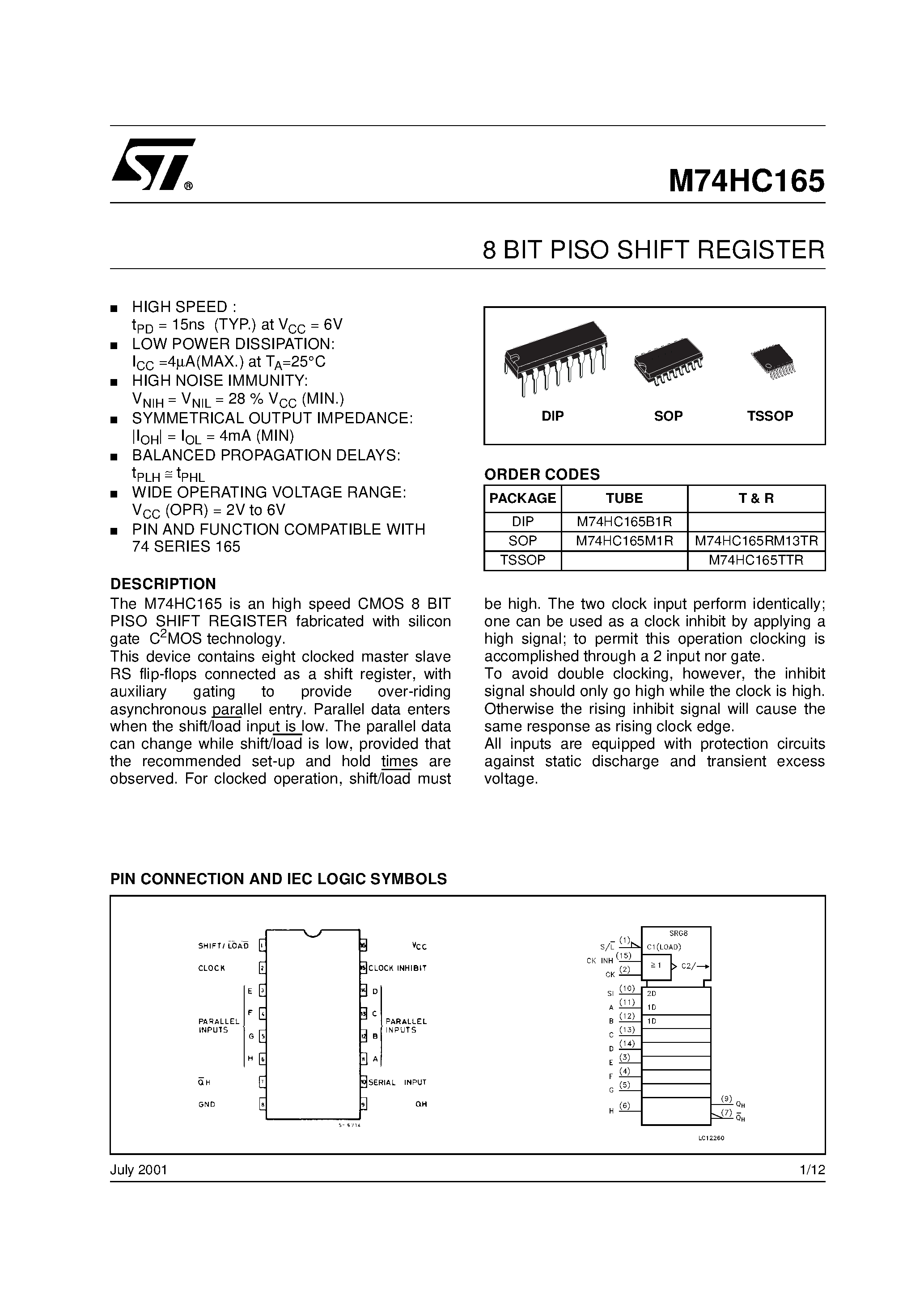 Даташит M74HC165 - 8 BIT PISO SHIFT REGISTER страница 1