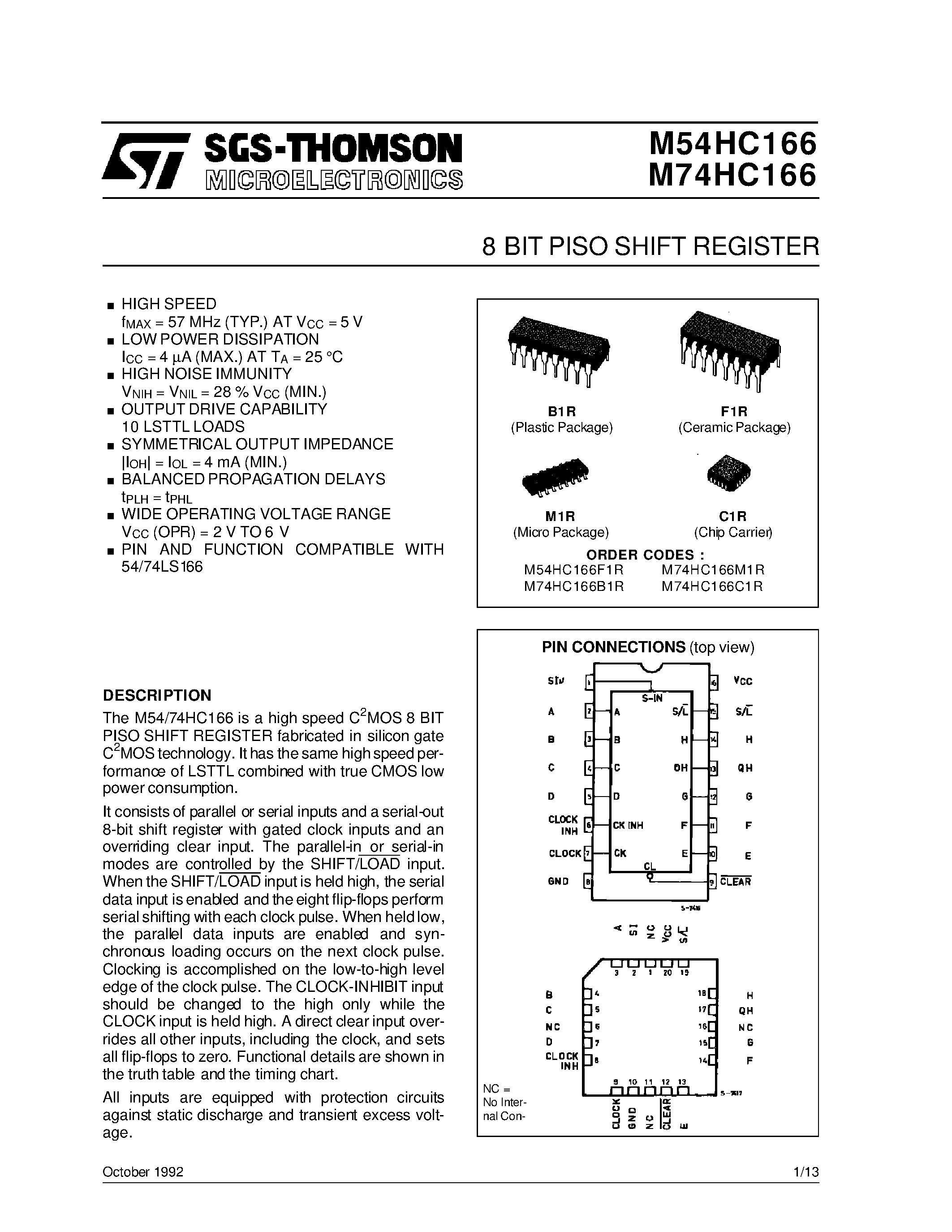 Даташит M74HC166 - 8 BIT PISO SHIFT REGISTER страница 1