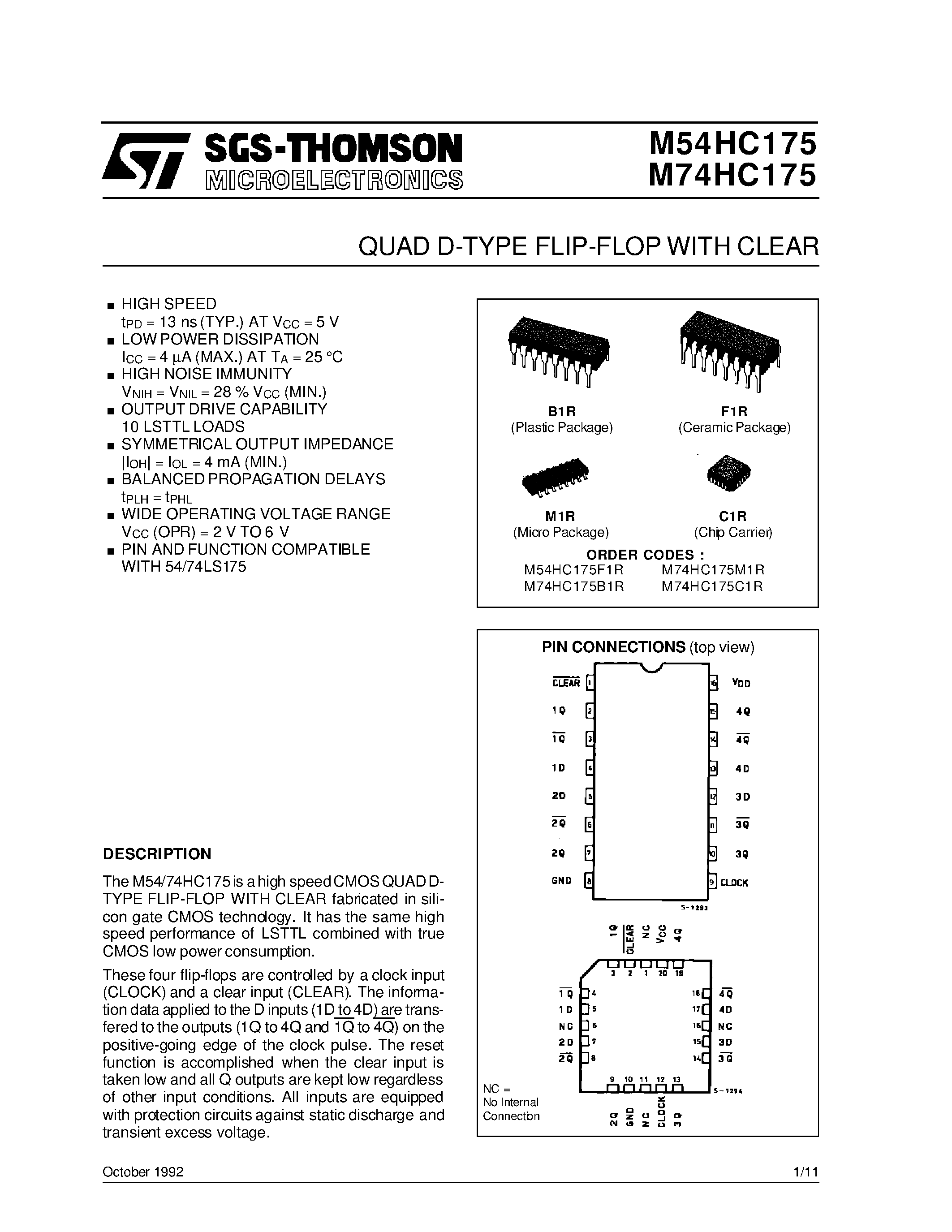 Даташит M74HC175 - QUAD D-TYPE FLIP-FLOP WITH CLEAR страница 1