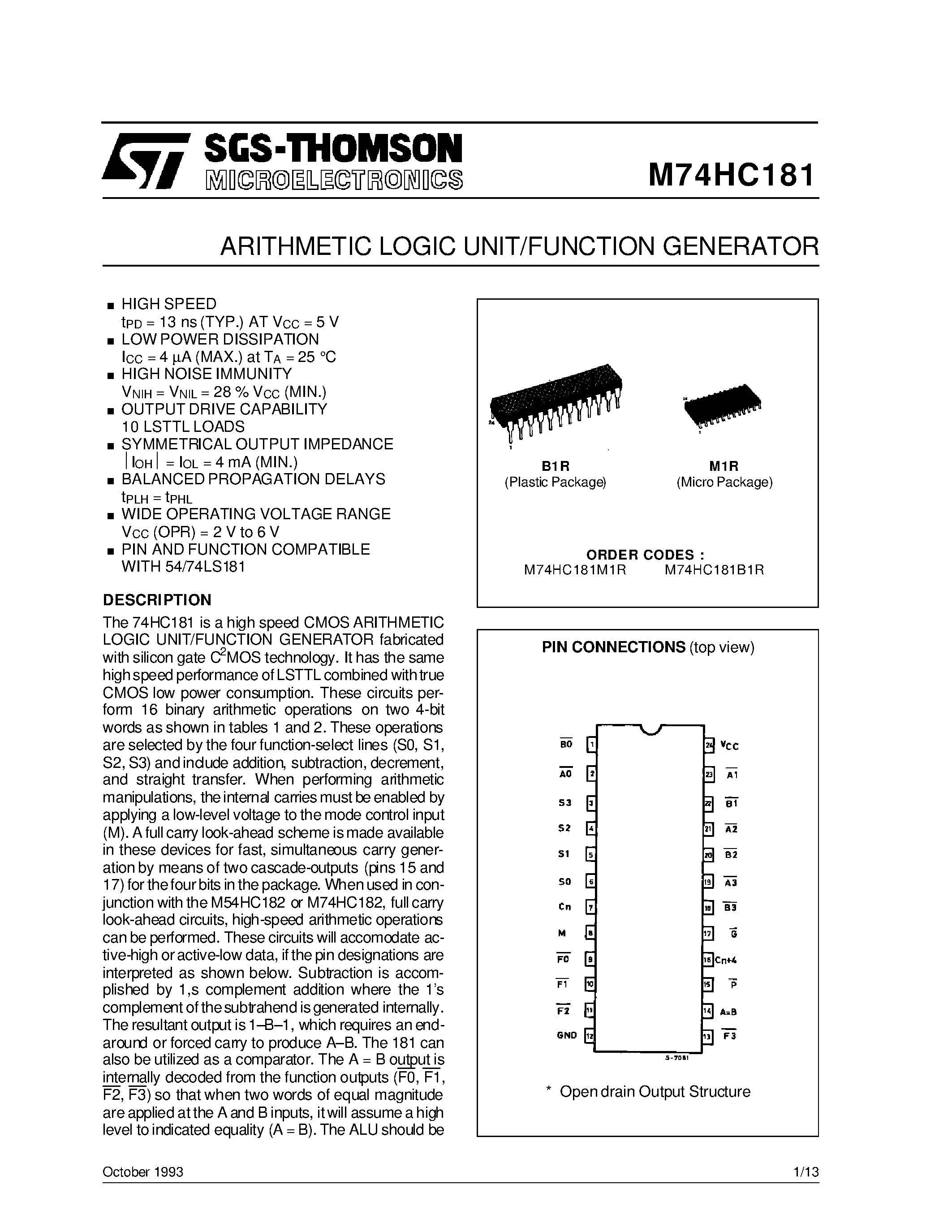 Даташит M74HC181 - ARITHMETIC LOGIC UNIT/FUNCTION GENERATOR страница 1