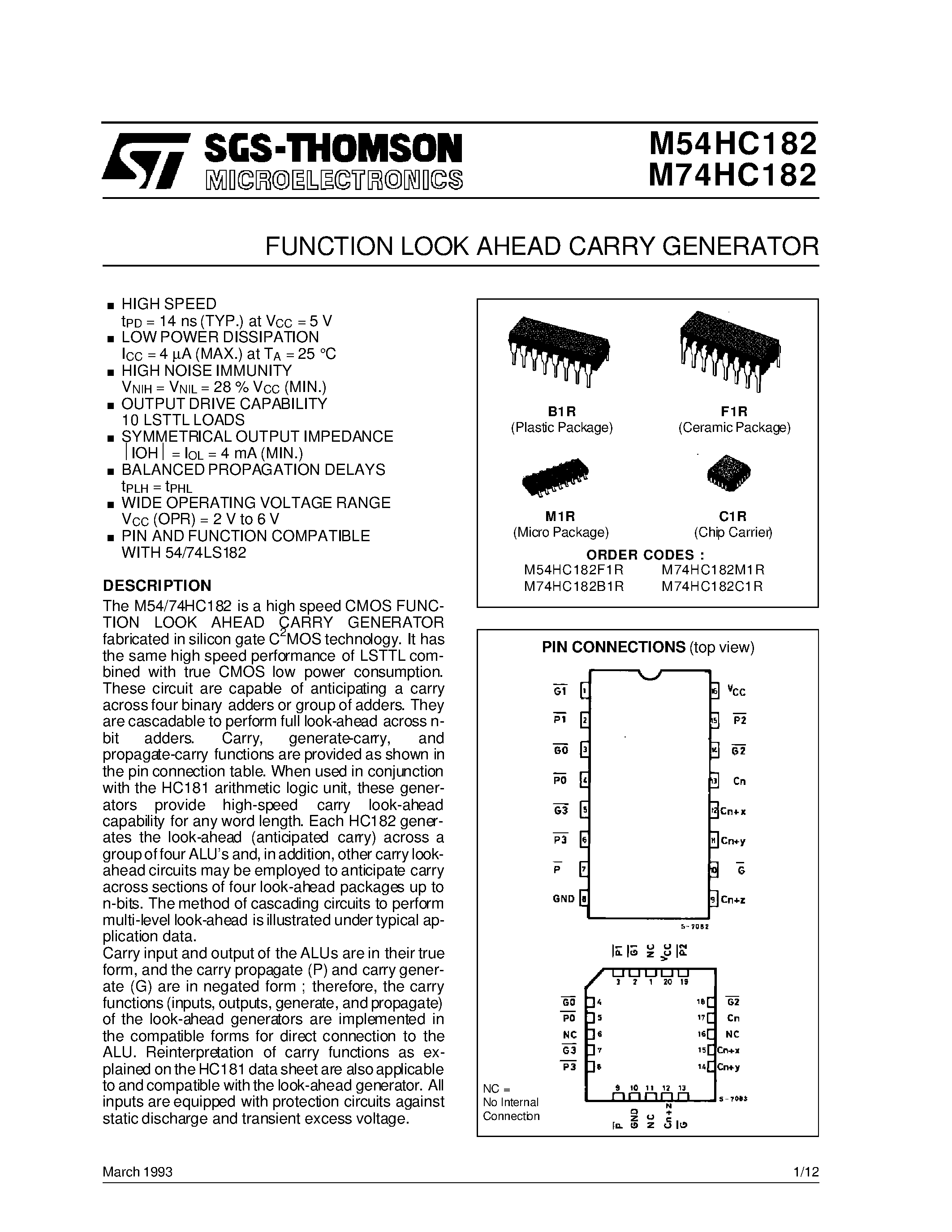 Даташит M74HC182 - FUNCTION LOOK AHEAD CARRY GENERATOR страница 1
