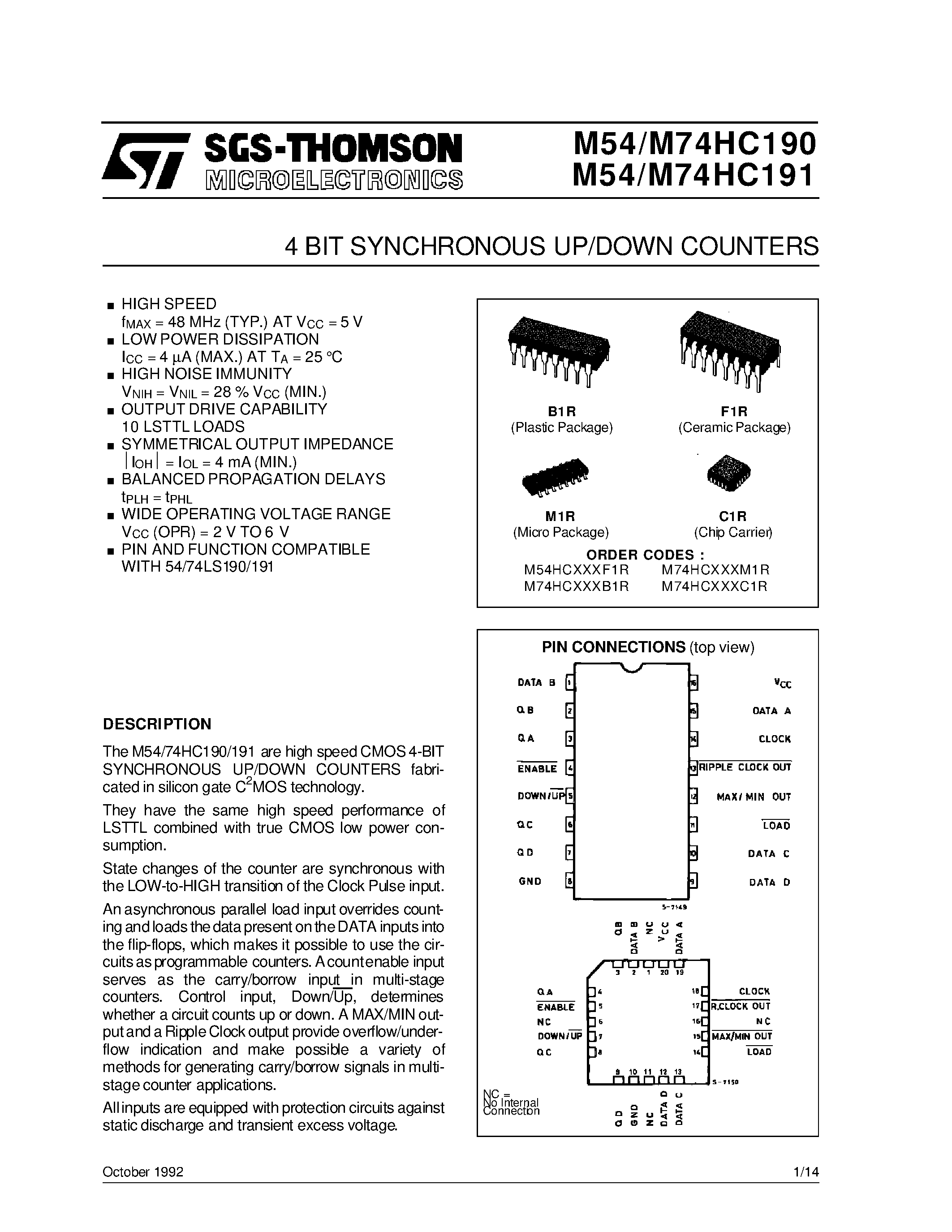 Даташит M74HC190 - 4 BIT SYNCHRONOUS UP/DOWN COUNTERS страница 1