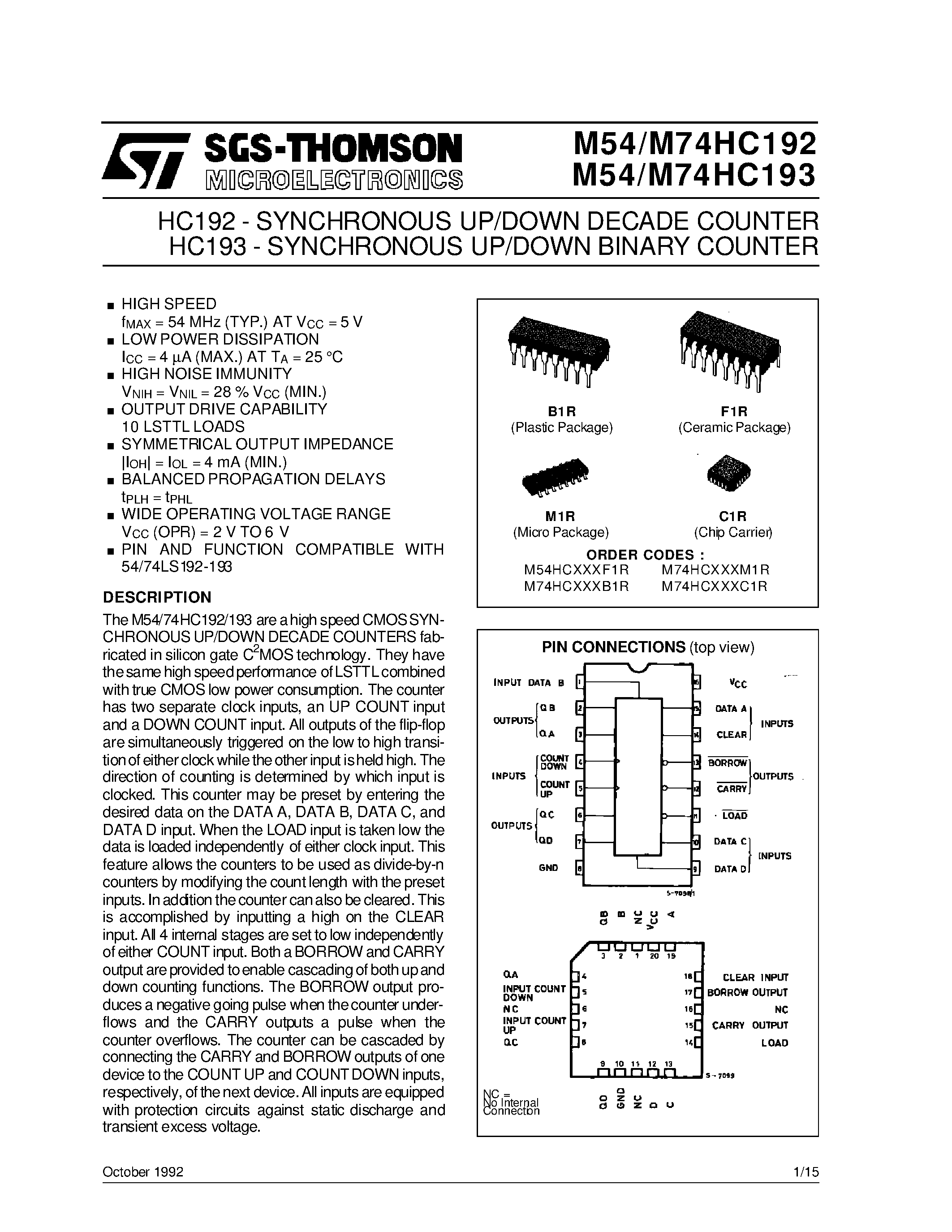 Даташит M74HC192B1R - SYNCHRONOUS UP/DOWN DECADE( /BINARY) COUNTER страница 1