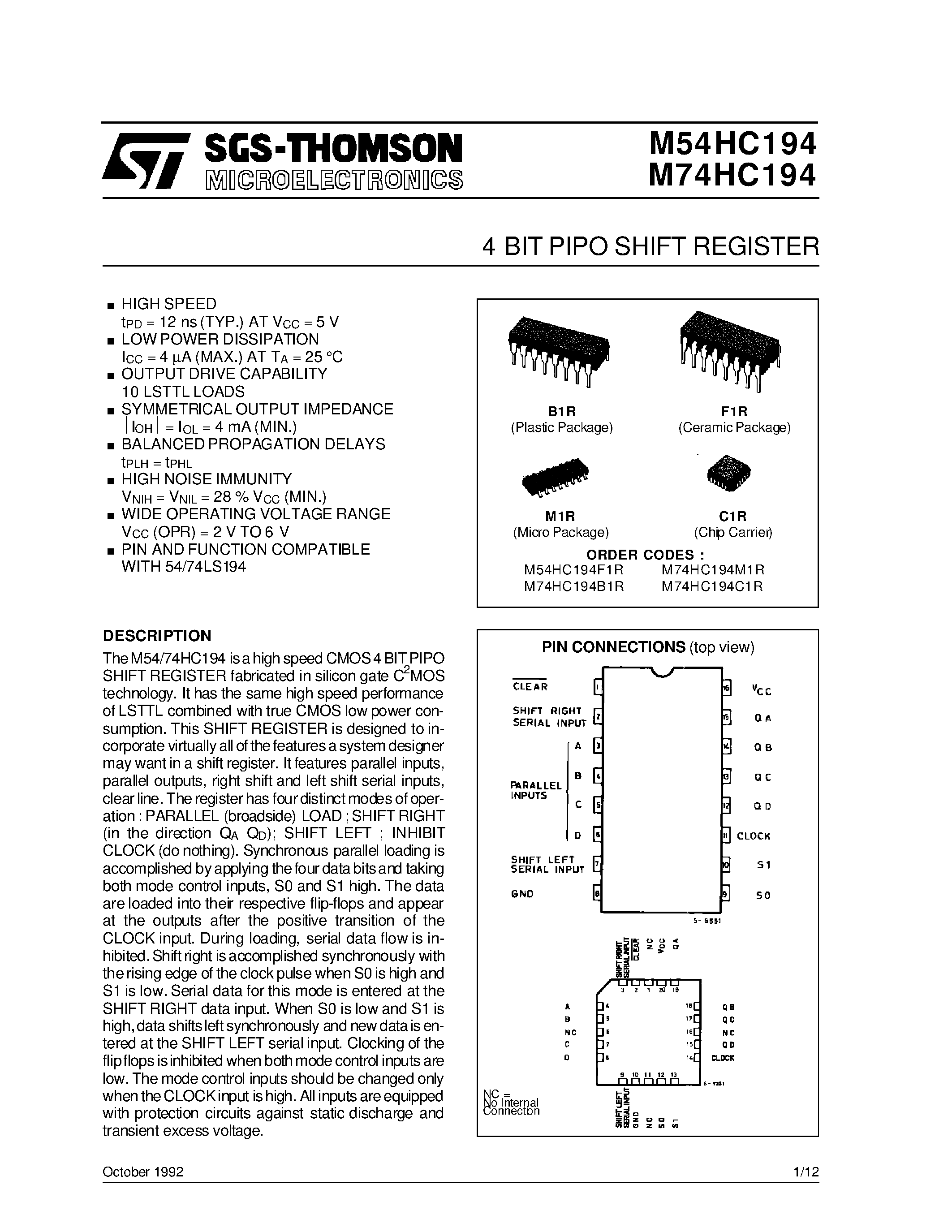 Даташит M74HC194 - 4 BIT PIPO SHIFT REGISTER страница 1