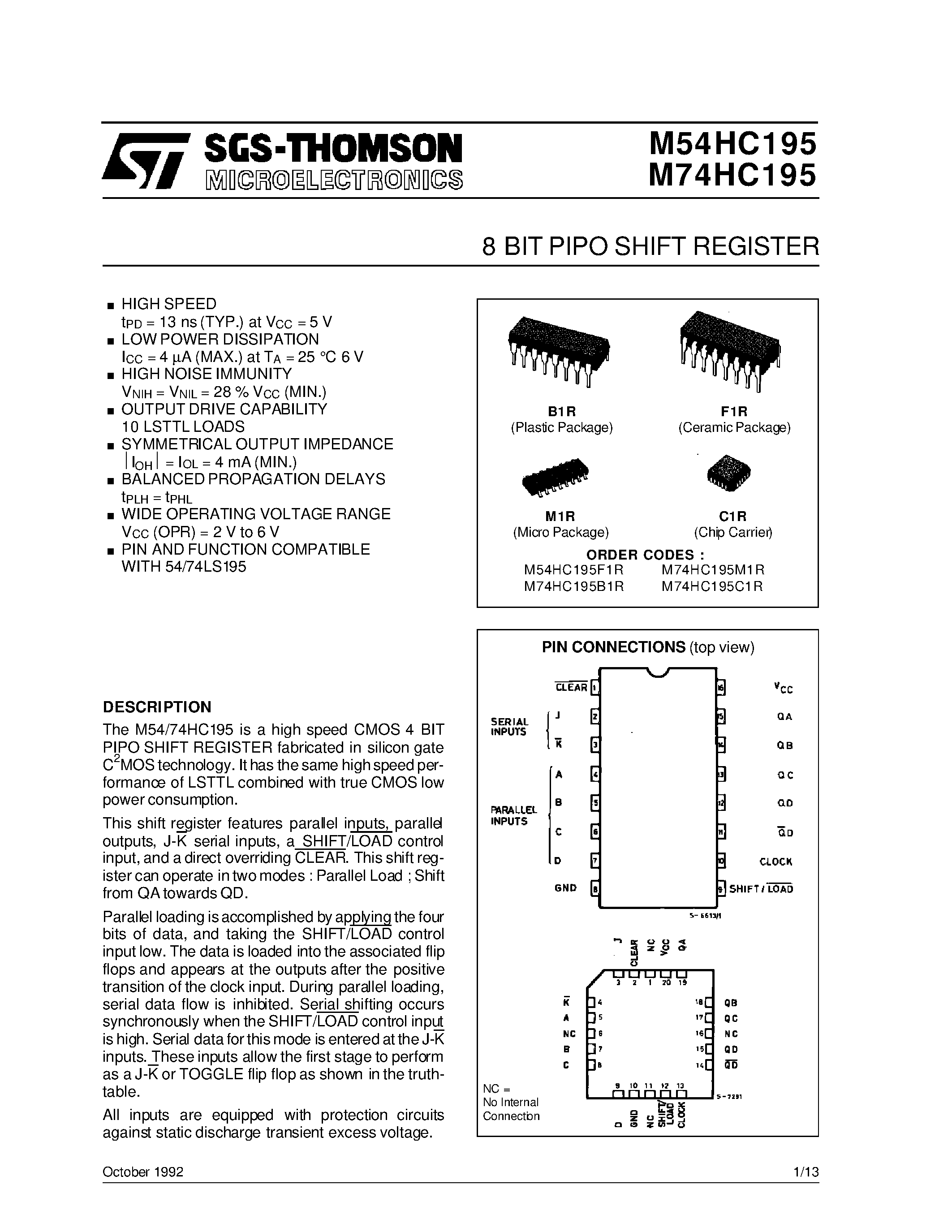 Даташит M74HC195 - 8 BIT PIPO SHIFT REGISTER страница 1